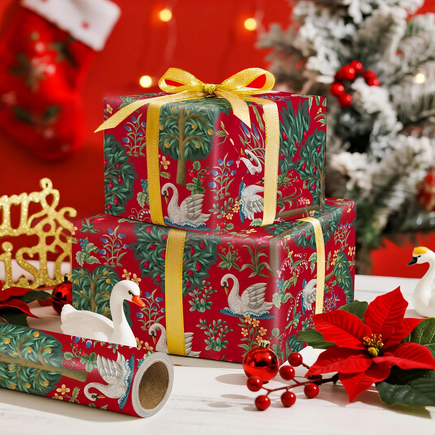 WRAPAHOLIC Vintage Christmas Wrapping Paper Roll - Mini Roll - 17 Inch x 16.5 Feet - Retro Christmas Wrapping Paper with Swan, Trees and Flowers in Middle Ages for Xmas Holiday, Party Celebration image 5