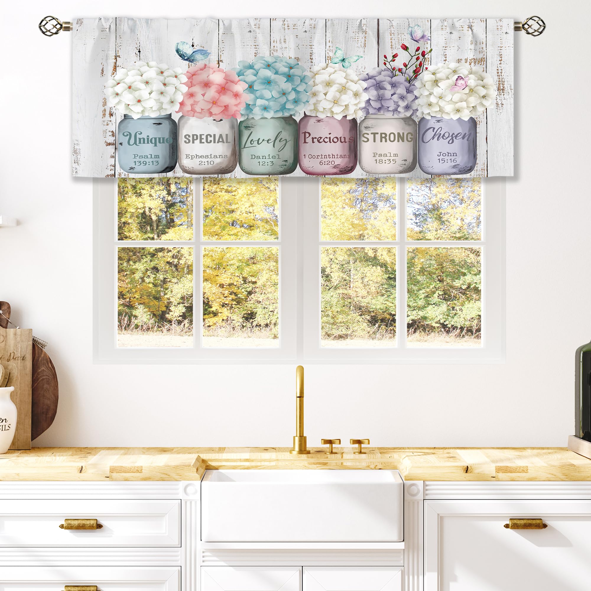 Laifzere Farmhouse Floral Inspirational Bible Curtain Valance for Window Treatments Flower God Says You are Kitchen Treatment Mason Jar Christian Drapes for Bathroom Bedroom Living Room (52x18 Inch)