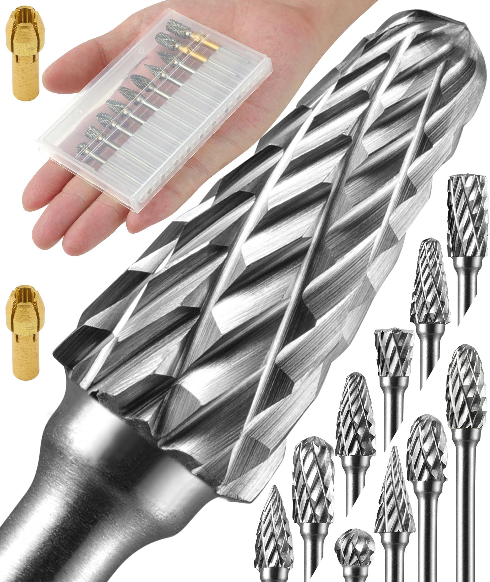 10 Pcs Carbide Burr Set 1/8" Shank w/ 2 Collets Compatible with Dremel Bits Rotary Tools Attachment Kit Rasp Drill File Accessories Metal Wood Stone Steel Grinding Carving Cutting Polishing