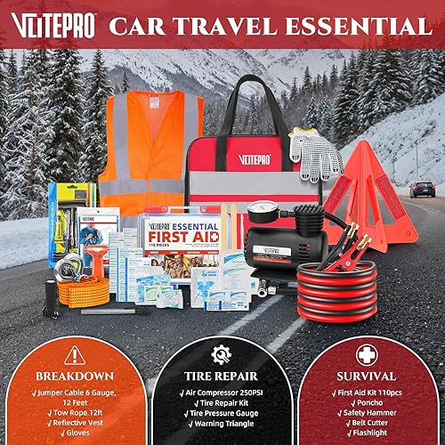 Miniatura 2 de Car Emergency Kit,Roadside Emergency Car Kit for Vehicles,with Portable Air Compressor,Jumper Cable for Women,Men,Teen
