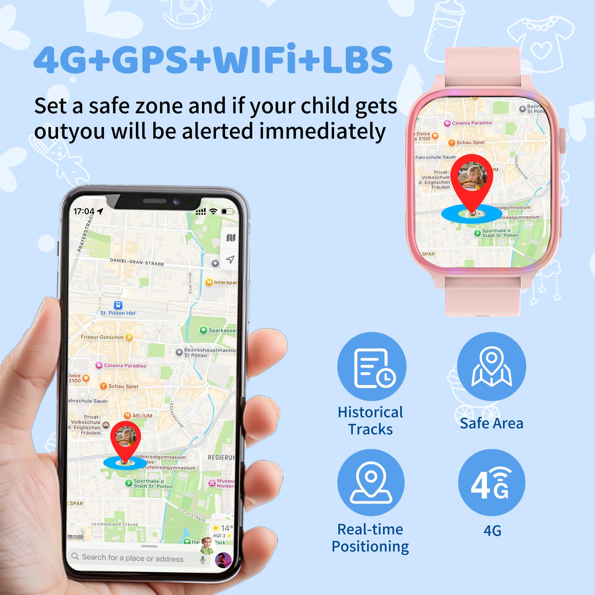 4G Smartwatch Bambini, orologio smartwatch bambini con Videochiamate, Chiamate, SOS, GPS localizzazione, modalità scuola, SMS, IP68 Impermeabile, 7 Giochi, Allarme ottimo regalo per bambina 5-14 anni