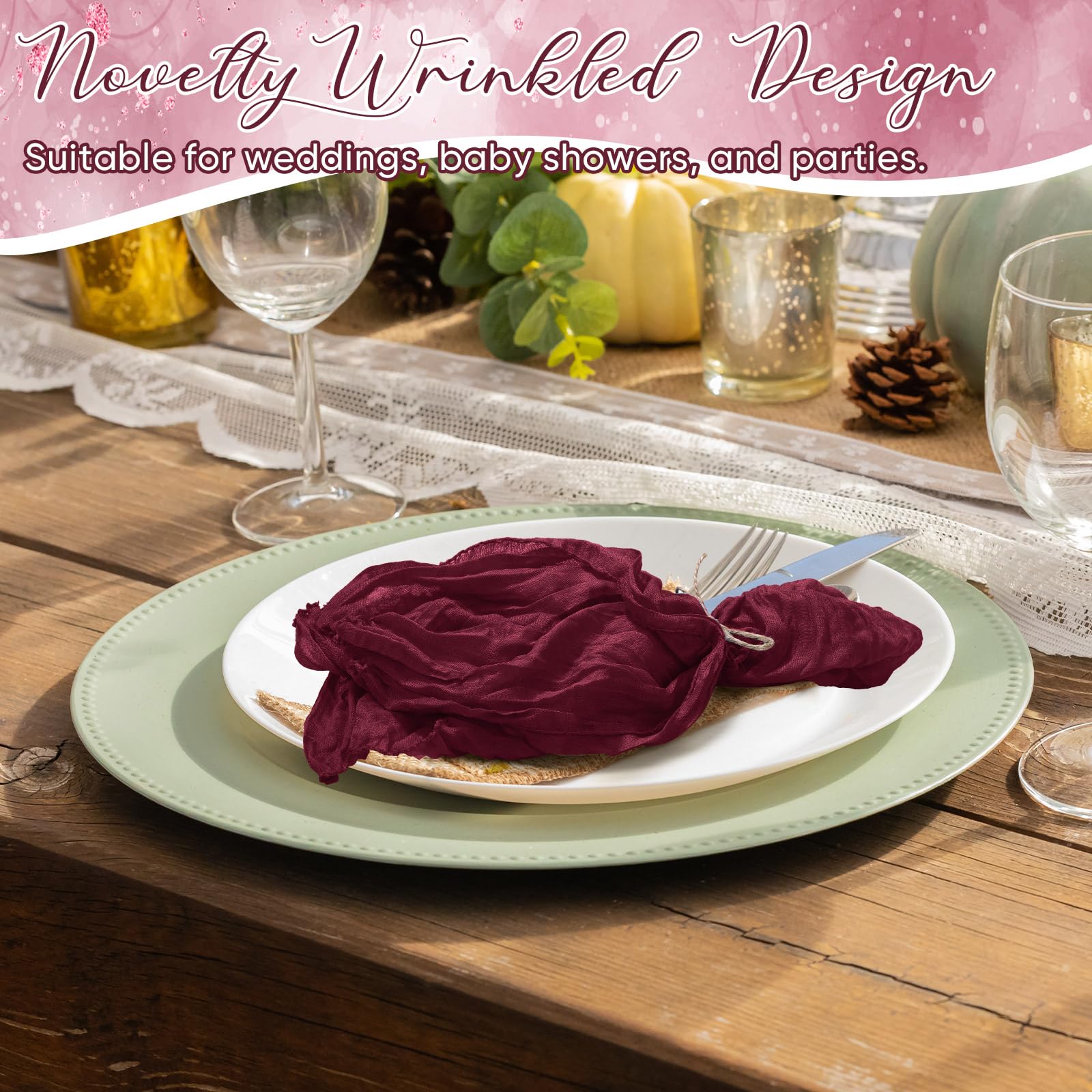 Mixweer 50 servilletas de gasa arrugada de algodón de 20 x 20 pulgadas, servilletas de tela de queso, servilletas de tela decorativas, servilletas de mesa rústicas bohemias para bodas y fiestas
