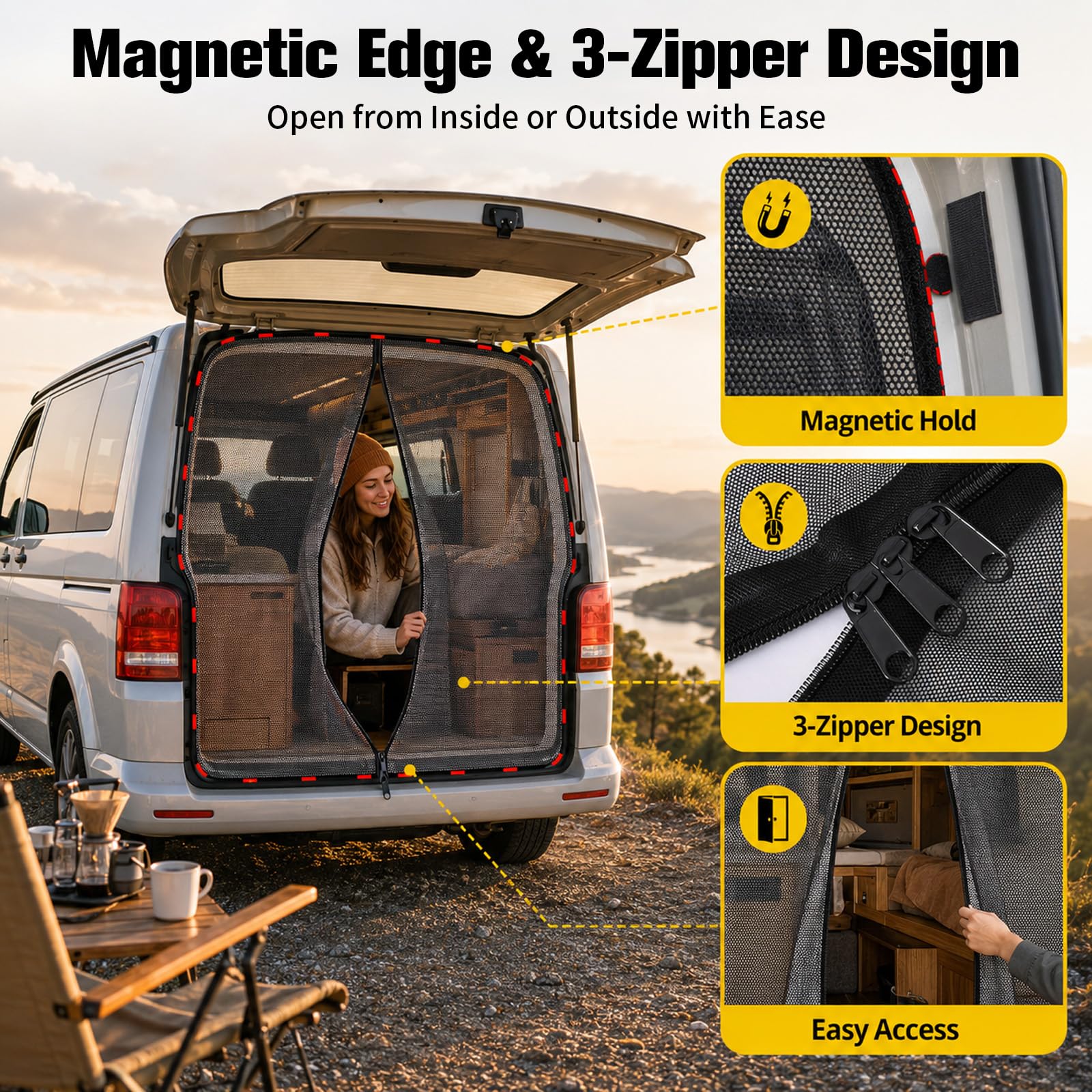 Moskitiera na tylną klapę, 146 x 155 cm, do VW T5 T6 – magnetyczna moskitiera z 3 zamkami błyskawicznymi, ochrona przed owadami, ochrona przed słońcem, zasłona oddzielająca, ochrona przed wzrokiem do