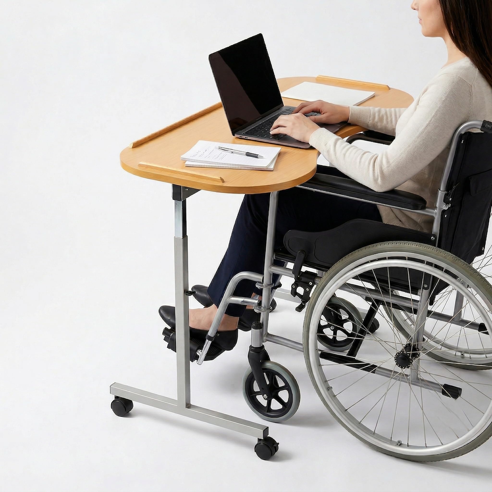 Mesa curvada sobre la cama y la silla, altura y anchura ajustables con ruedas con cerradura