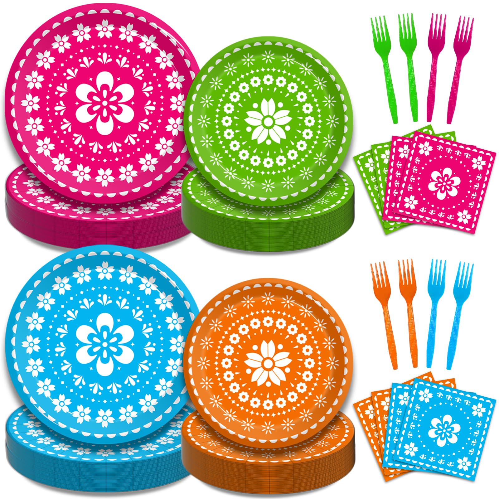 Kepeel 200Pcs Fiesta Party Plates, Mexican Cinco De Mayo Party Decorations Supplies Mexican Papel Picado Disposable Paper Plates Napkins for Taco