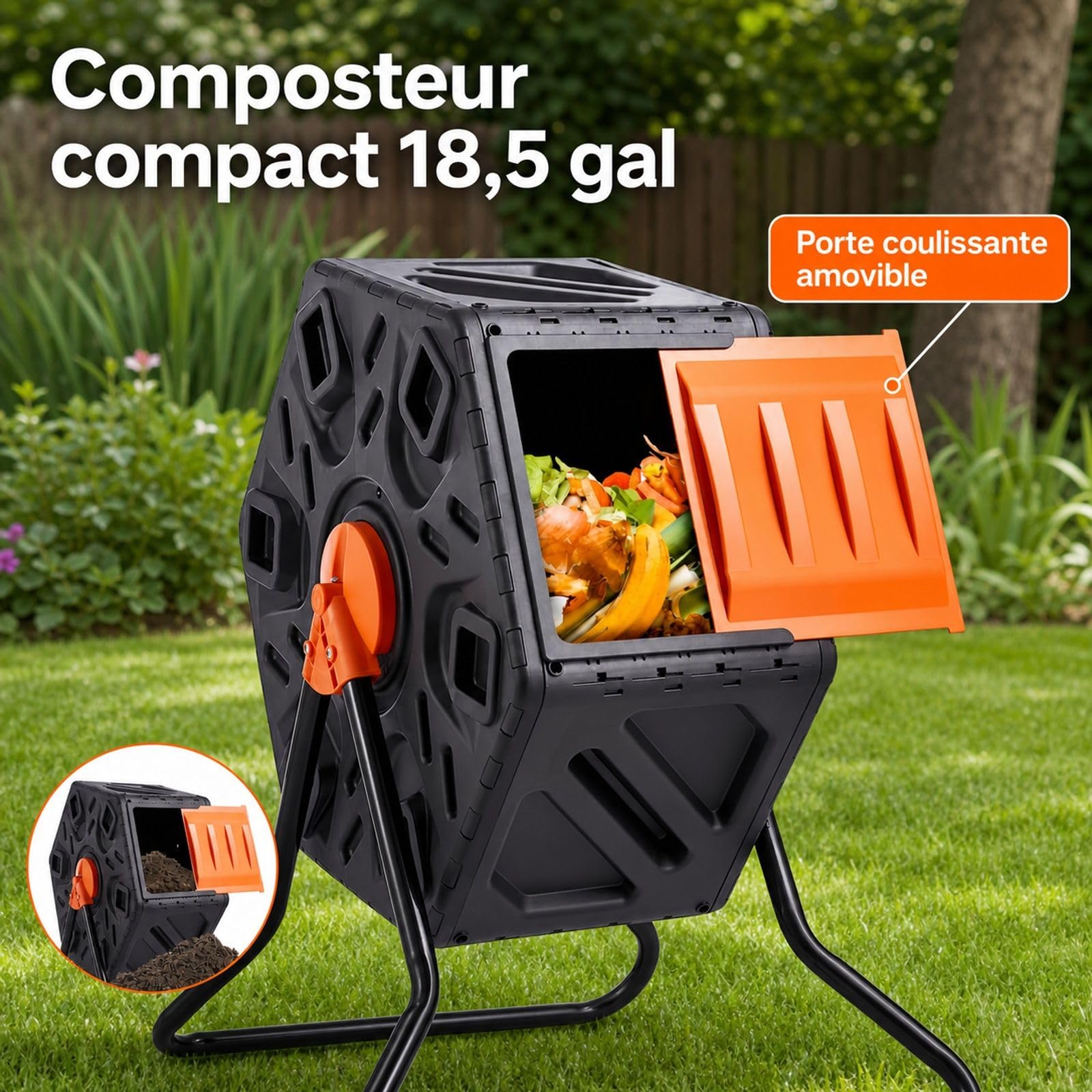 Composteur Rotatif de Jardin 70 L, bac à Compost à Chambre Unique, 360° Rotatif, en PP et Acier, Charge 20 kg