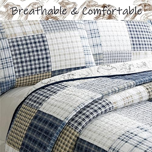 Vista 3 de Cozy Line Home Fashions Benjamin - Juego de ropa de cama reversible de 100 % algodón con estampado de dinosaurio, diseño a cuadros, para niños