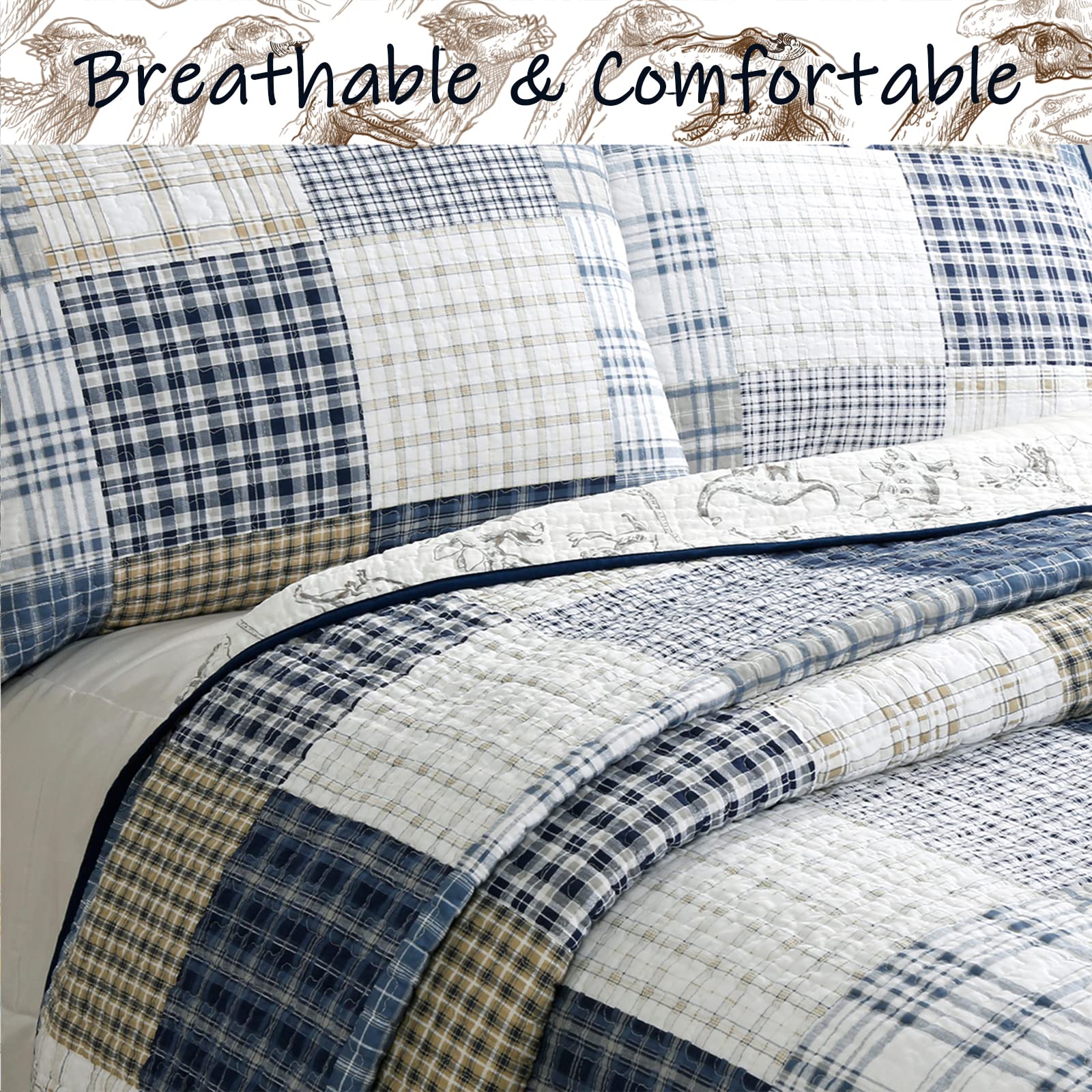Cozy Line Home Fashions Benjamin Cute Dinosaur Plaid Printed Pattern 100% Cotton Quilt Bedding Set, Reversible Coverlet,Bedspread for Kids Boy (Dinosaur,King - 3 Piece)