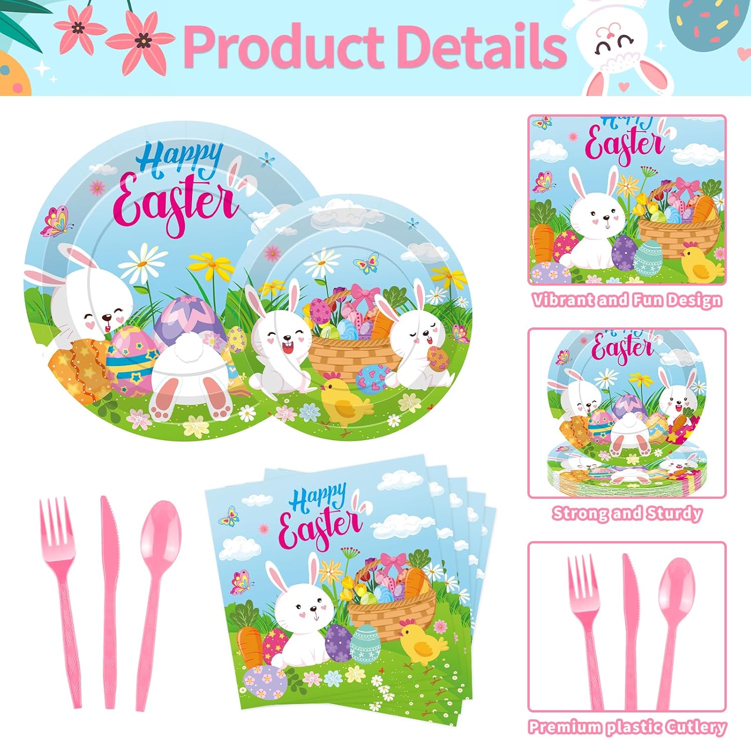 175 Pcs Easter Day Tableware Set - Serves 25, Happy Easter Bunny and Egg Disposable Plates, Cups, Napkins, Forks, Spoons, Knives for Spring Gatherings, and Kids' Birthday Party Supplies