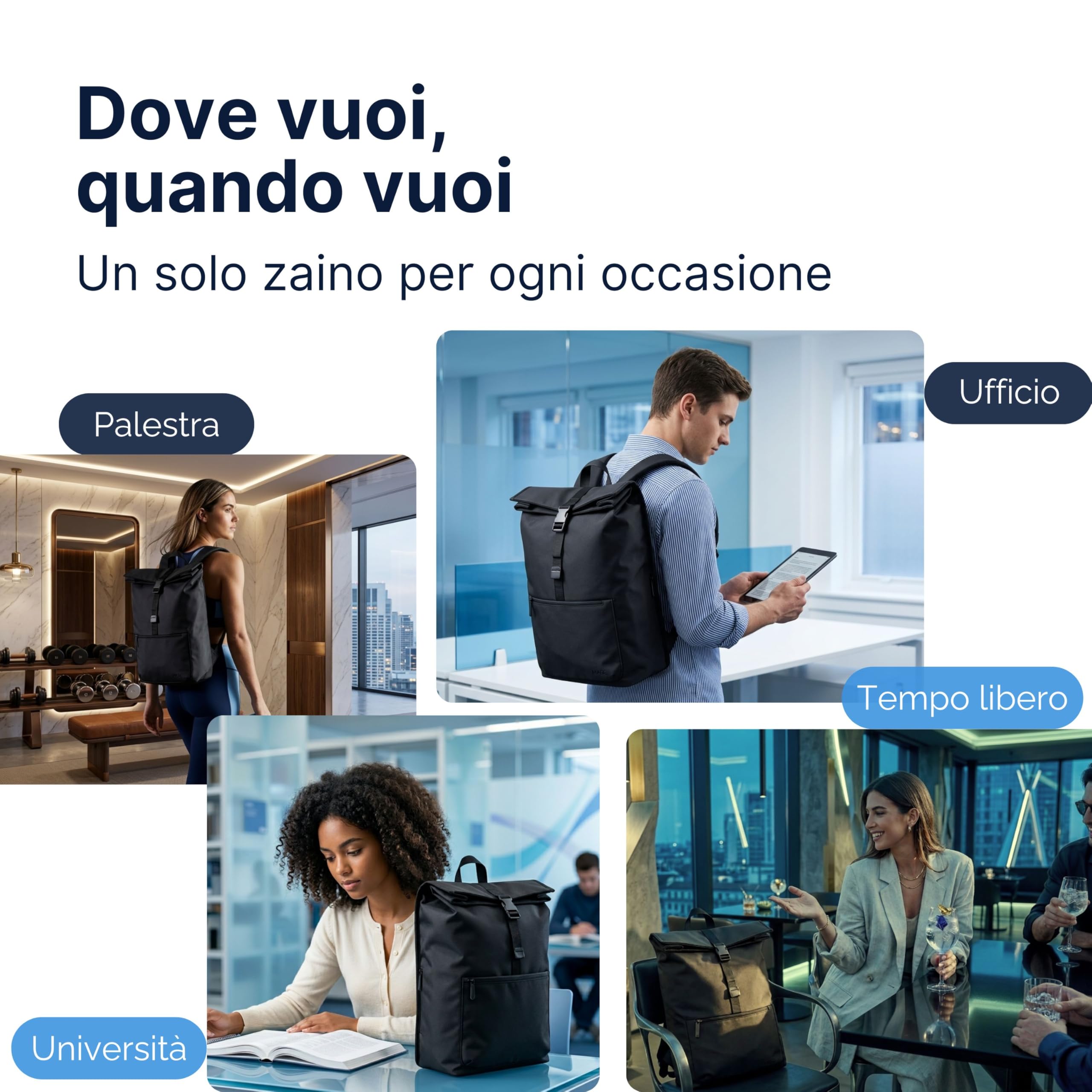 MASC Zaino Rolltop Business, Zaino Urban Elegante Porta PC 17 Pollici, Espandibile e Ideale per Viaggi, Ufficio e Università