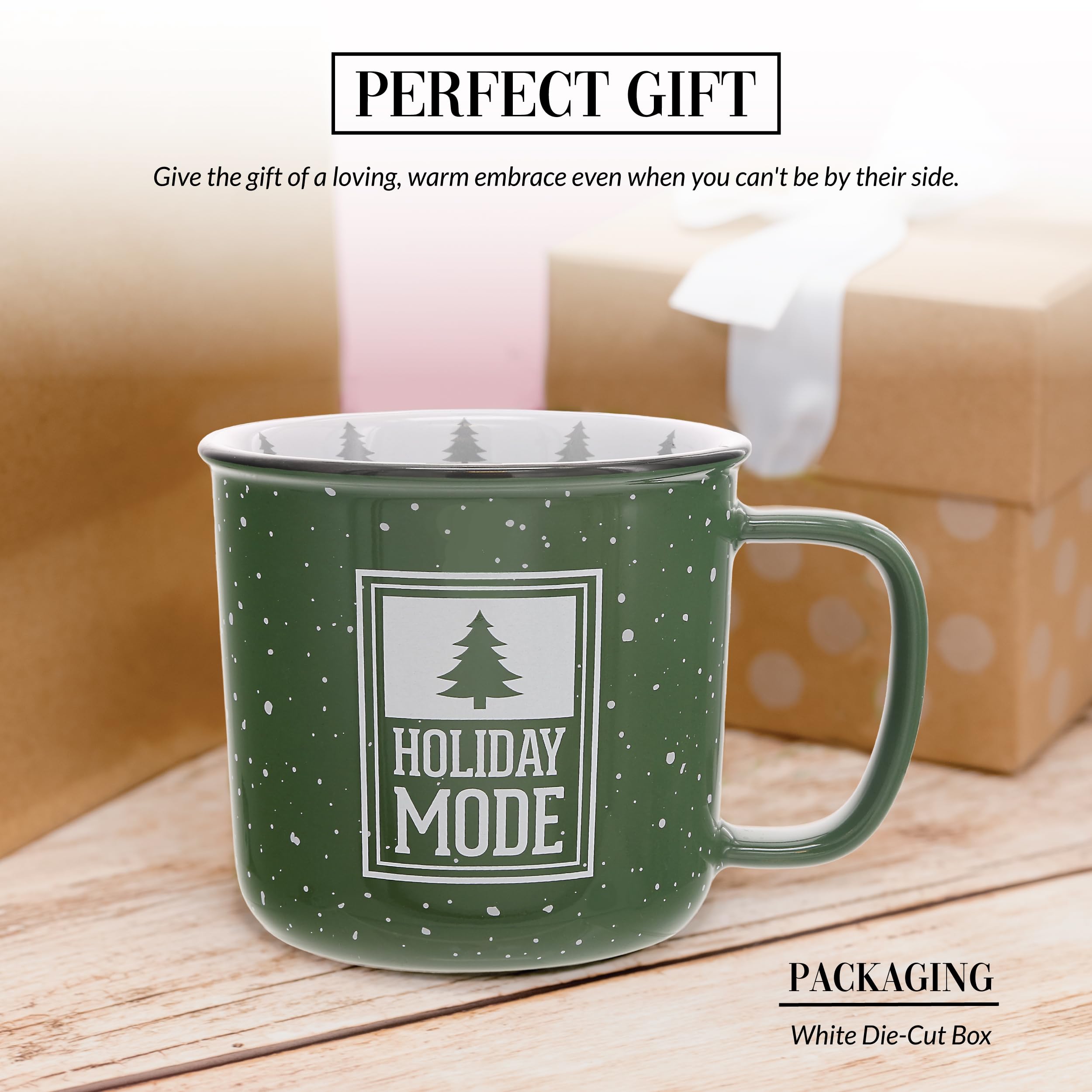 Pavilion Gift Company - Holiday Mode - Taza de cerámica de 18 onzas, verde con acabado moteado, taza de café duradera de pared gruesa estilo camping, taza de vacaciones, árbol de Navidad, 1 unidad,
