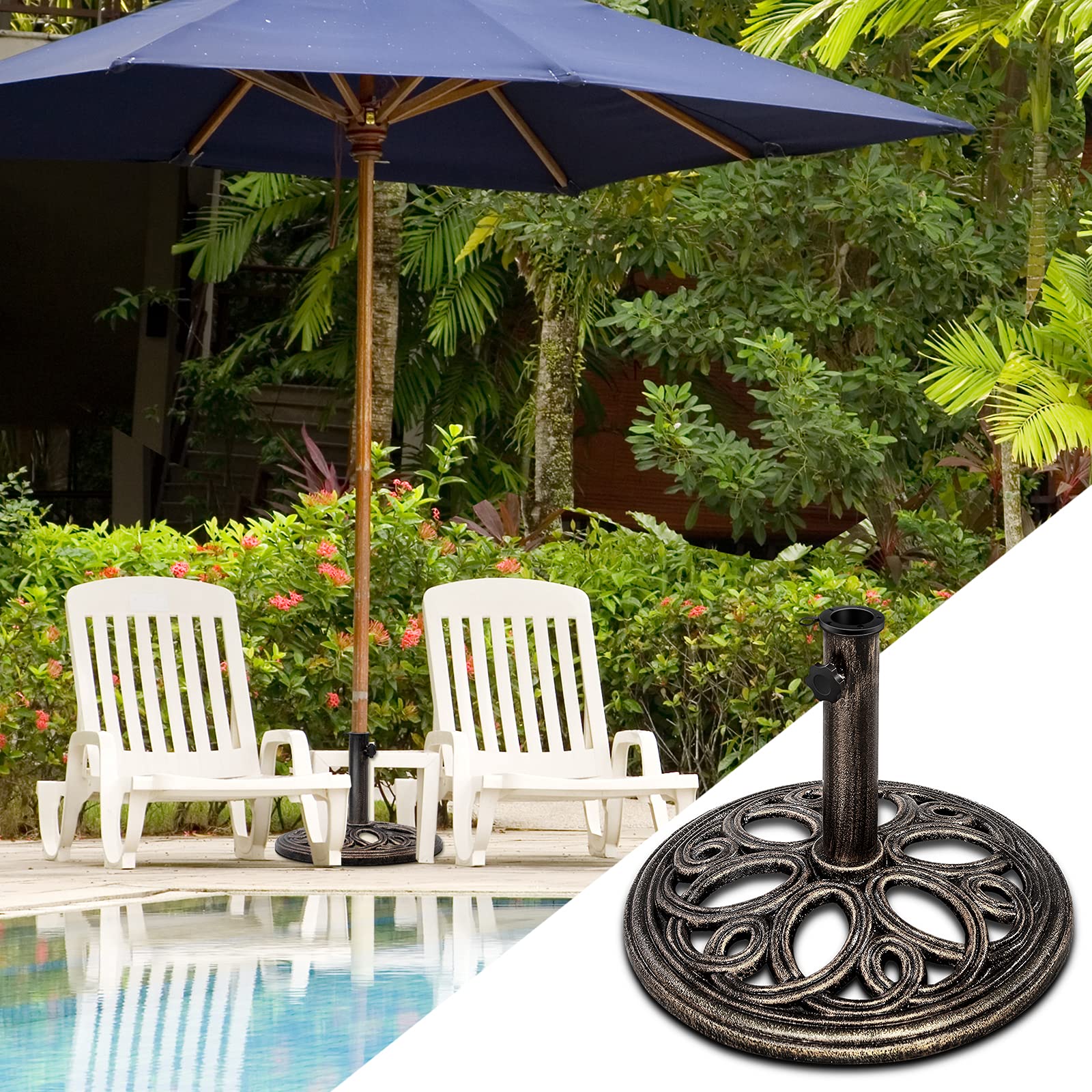 KOMFOTTEU Metalowy stojak na parasol przeciwsłoneczny, stojak na parasol 38/48 mm, nierdzewny i wytrzymały, stojak na parasol balkonowy i podstawa parasola przeciwsłonecznego, na targ, taras, do