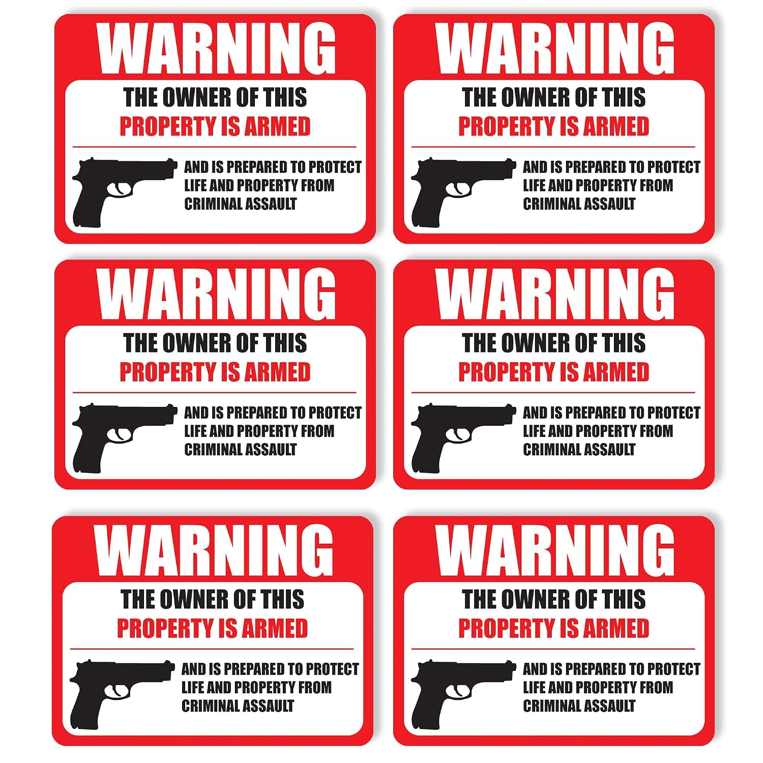 (6 Pack) PROTECTED BY ARMED PROPERTY OWNER Sign -Self Adhesive 2½ X 3½" 4 Mil Vinyl Decal -Indoor & Outdoor Use, Home & Business Security-UV Proof&Waterproof -Window & Door Gun Handgun Warning
