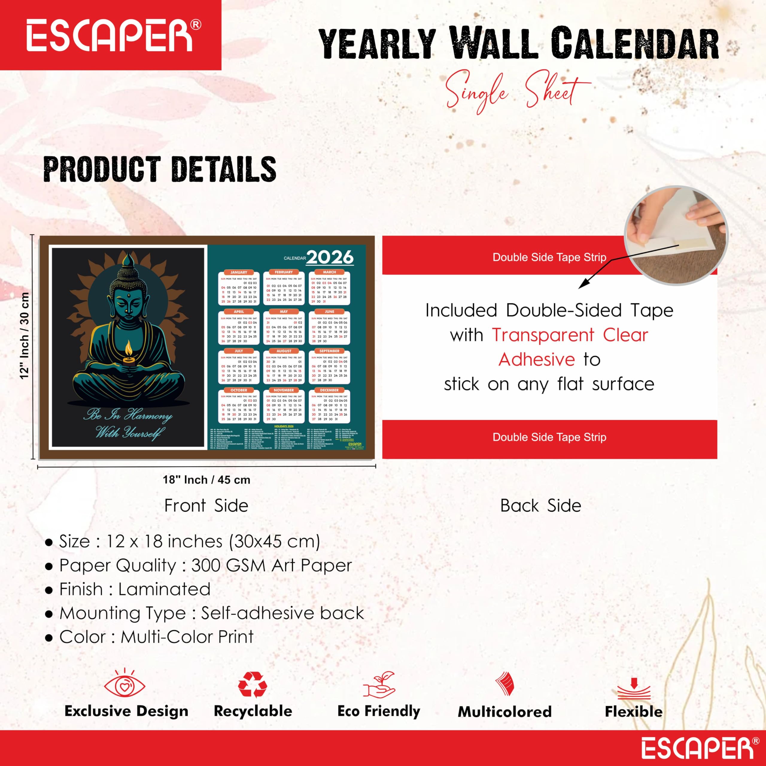 ESCAPER Buddha Yoga Wandkalender 2026 - 30,5 x 45,7 cm, Meditations- & Yoga-Wandkalender, Yogasana- & Asana-Diagramme, Yoga-Posen, Chakra-Inspiration