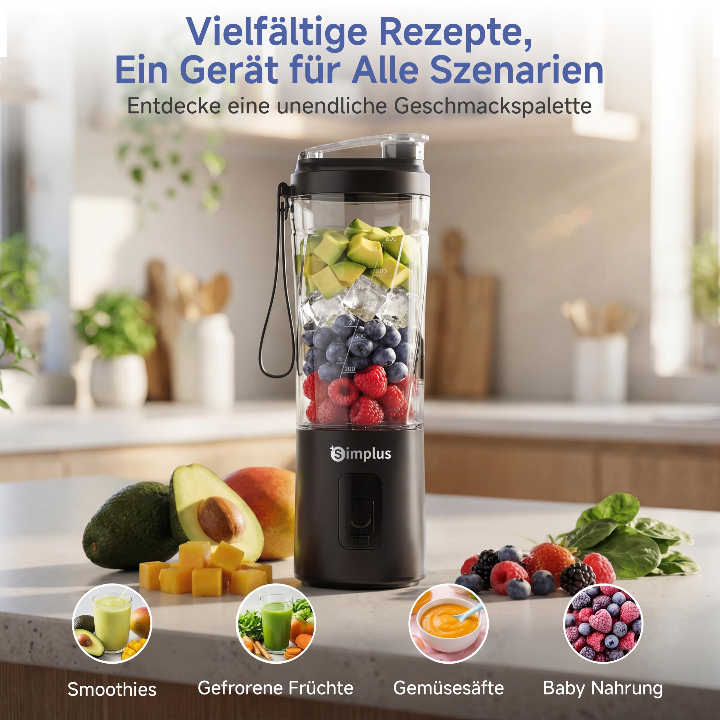 SIMPLUS Tragbarer Mixer 800ml Smoothie Maker To Go, USB-C Mini Mixer mit 6 Edelstahlklingen, kabelloser Blender für Shakes, Milchmixgetränke, weiche Früchte & kleine Eisstücke, BPA-frei