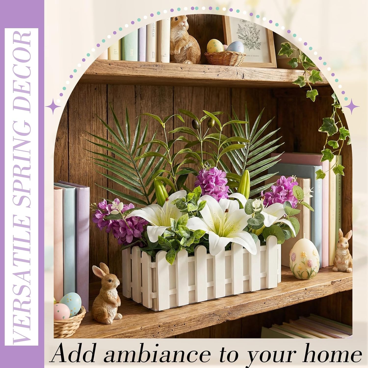 Gerrii Spring Flower Table Centerpieces Artificial Floral Plants in Picket Fence Pot Lily and Hyacinth Fake Flower Arrangement with Palm Leaves Eucalyptus for Living Room Wedding Office Window Table