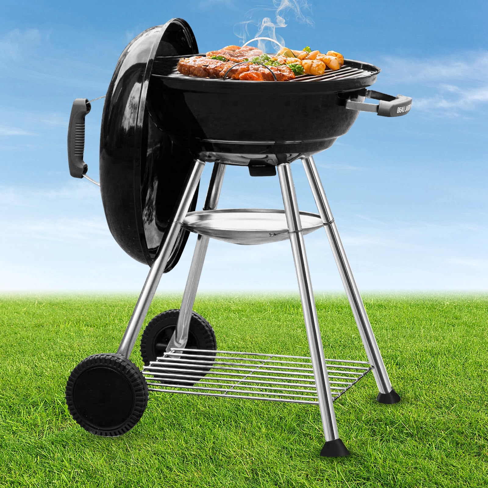 Parrilla de carbón de 18 pulgadas para cocinar al aire libre, barbacoa, hervidor de carbón, parrilla portátil resistente redonda con ruedas, parrilla para portón trasero, campamento, negro