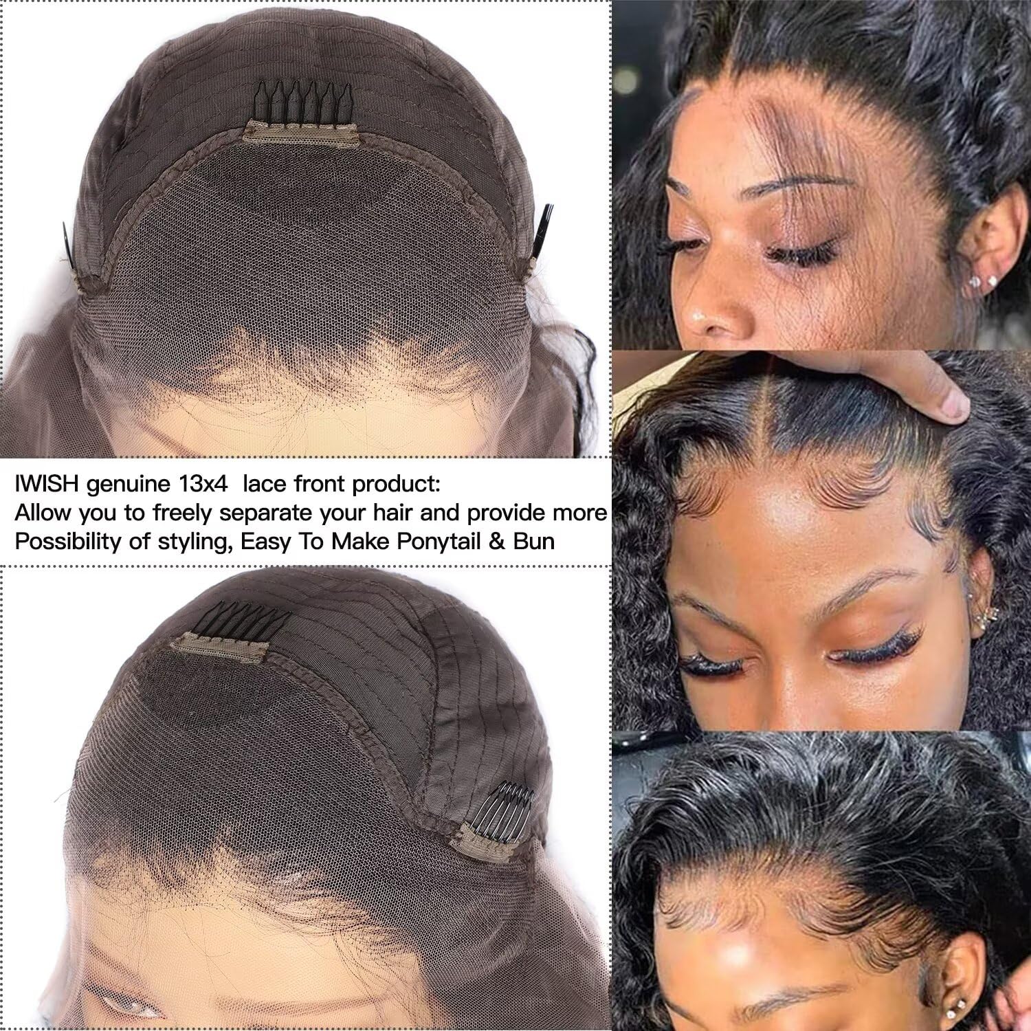 Iwish 13x4 Deep Wave Lace Front Wigs Human Hair 24Inch Deep Curly HD Transparent Lace Frontal Wigs 200% Density Virgin 12A Brazilian Human Hair Pre Plucked Natural Black - Image 3