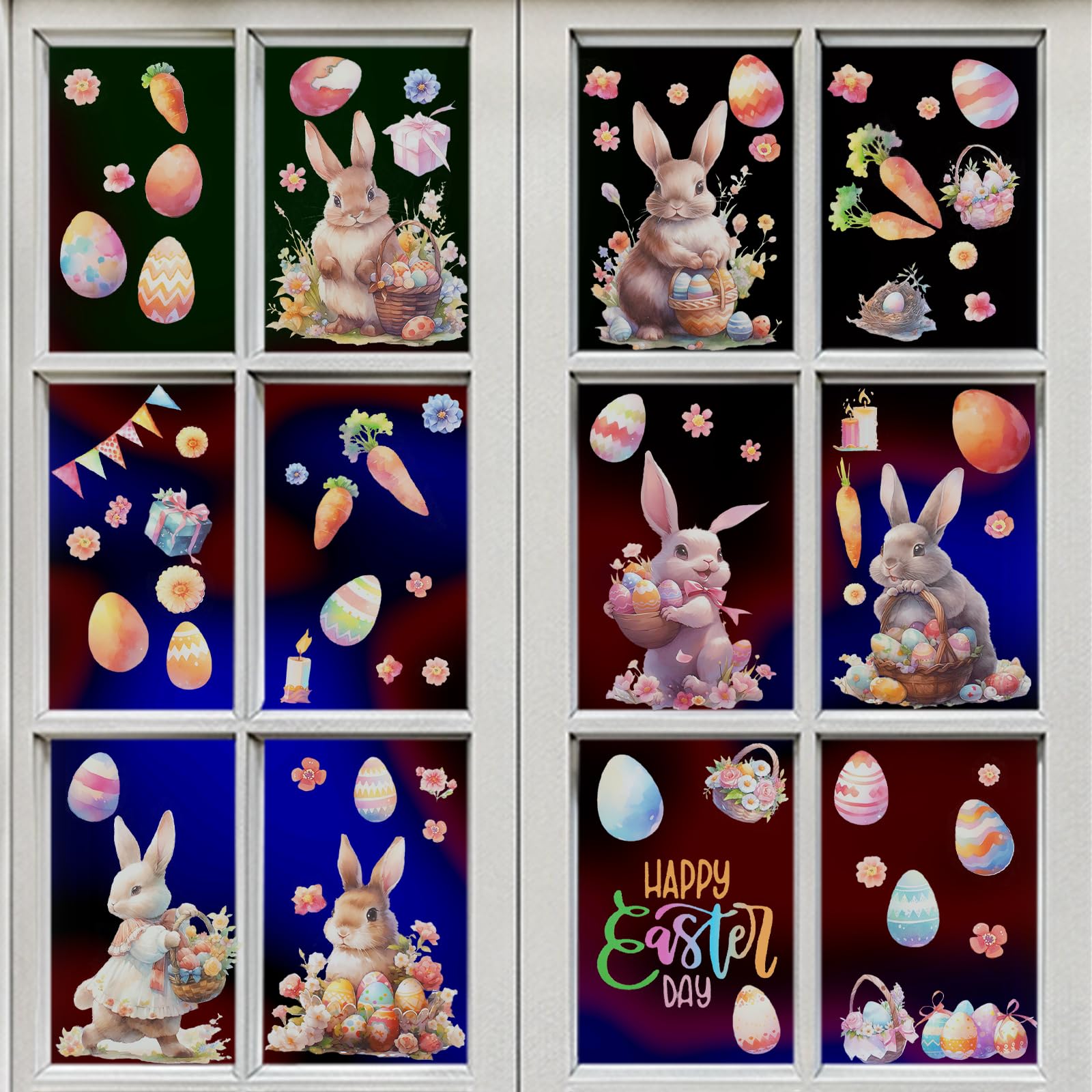 Oeyliz Easter Window Stickers Rabbit Carrot Double-Side Glass Decals 80Pcs Happy Easter Home Office School Shop Display Party Decorations