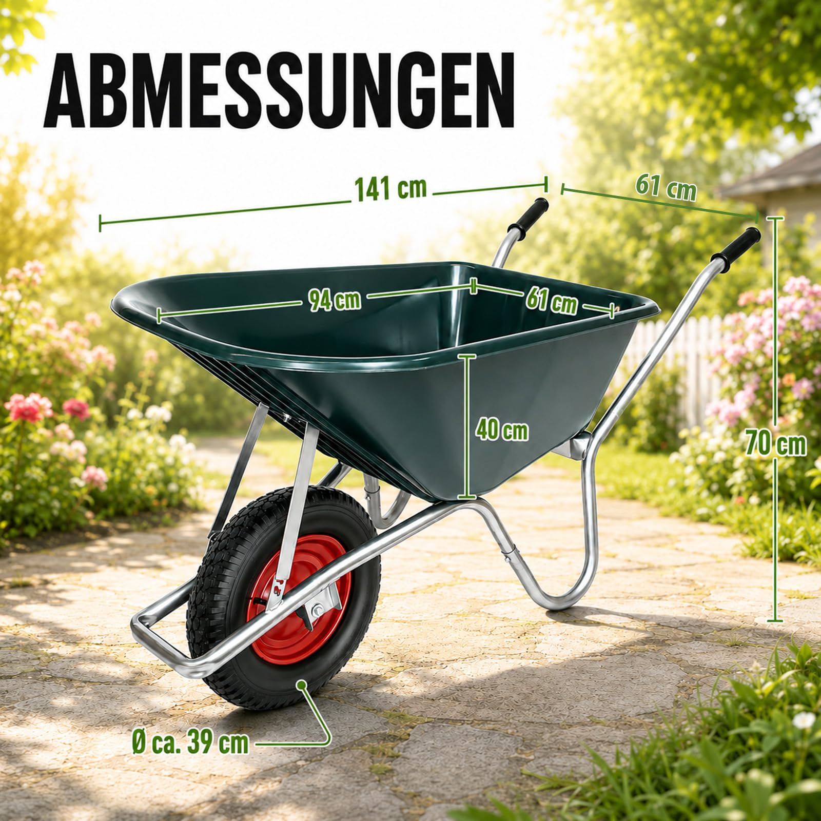 TRUTZHOLM Schubkarre 100 L 250 kg Luftrad auf Stahlfelge Kunststoffwanne Gartenschubkarre Bauschubkarre Schiebkarre
