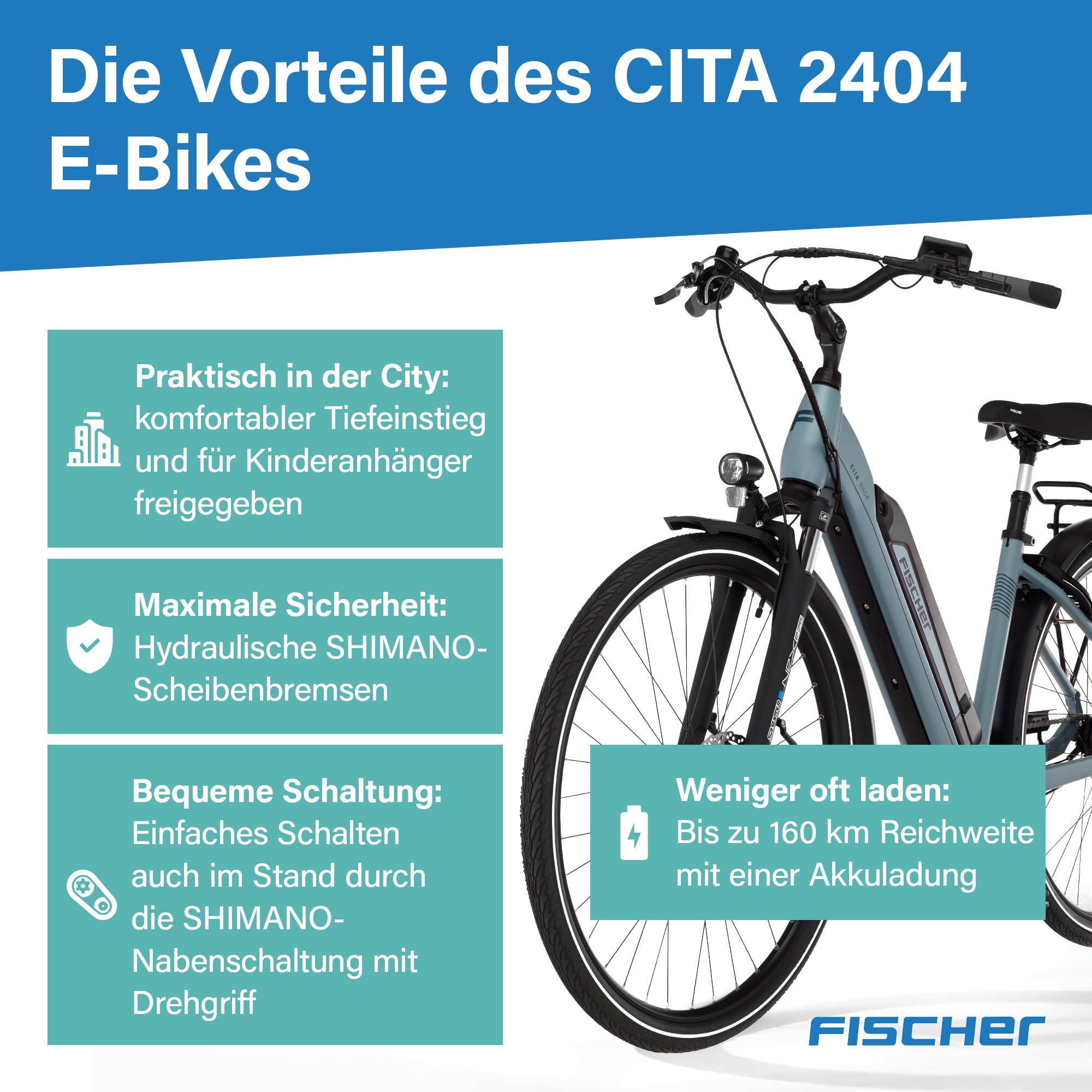 Fischer E-Bike City CITA 2404 Active, Elektrofahrrad für Damen und Herren, RH 43, 688Wh, Mittelmotor 65 Nm, 36 V Akku