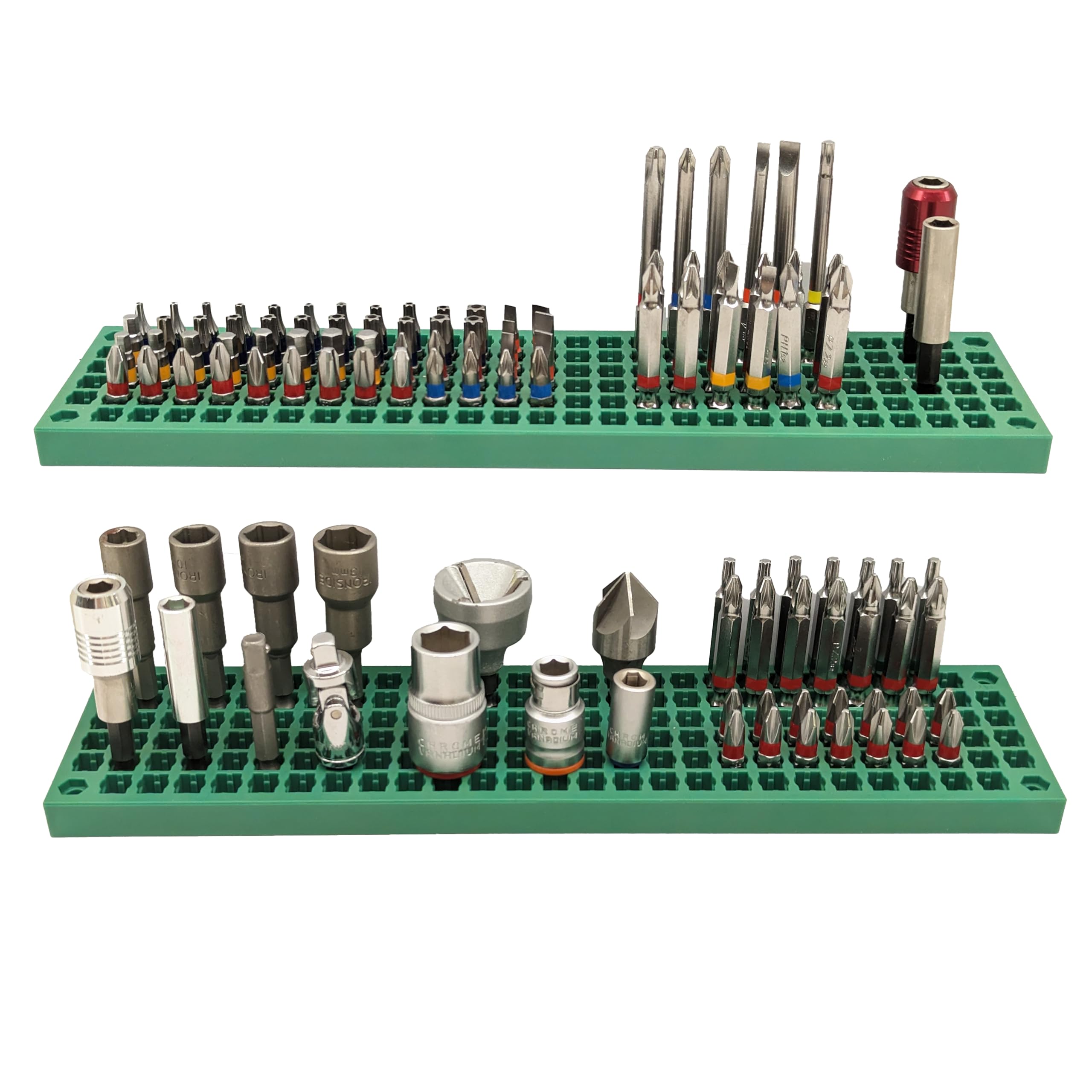 Free Zone 158-Hole Drill Bit Organiser Tray (Green, 2-Pack) - 1/4" Hex Tool Chest Drawer Dividers & Insert - Patented Non-Magnetic Taper Lock Bit Holder for Impact Driver, Torx & Screwdriver Bits — image 1