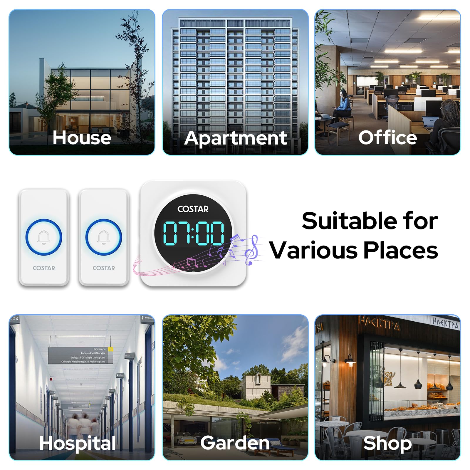 Costar Door Bell - Calling Bell Wireless with 24-Hour Time Display, Wireless Doorbell for Home, 1000ft Range Operating with 58 Chimes, 5 Levels Adjustable Volume(Pebble 705 White 2 Push Button) 3