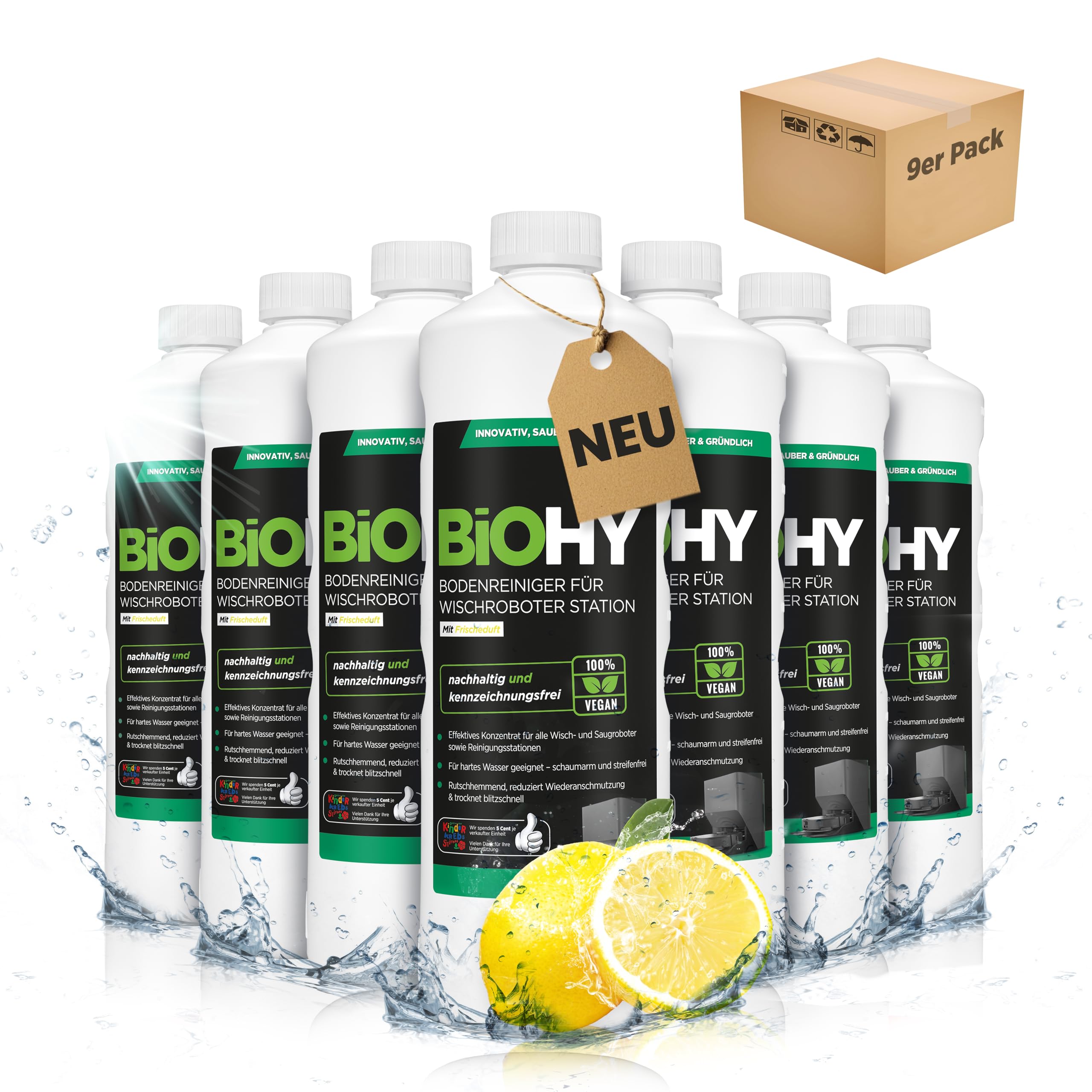 BiOHY Floor Cleaner for Mop Robot Station with Fresh Fragrance (9 x 1 Litre) | Concentrate Cleaning Agent for All Mop & Robot Vacuum Cleaner with Wet Function | Low Foam & Streak Free | For All Floors