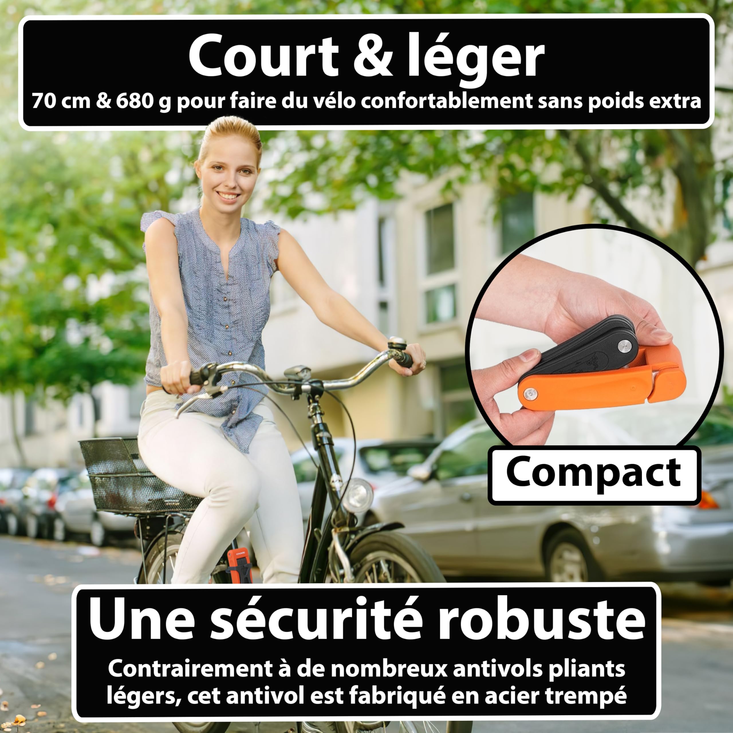 KOHLBURG Antivol pliable léger - 680 g léger et 70 cm de long avec support | Antivol velo en acier trempé, aussi comme antivol velo electrique, ebike et cadenas trotinette electrique