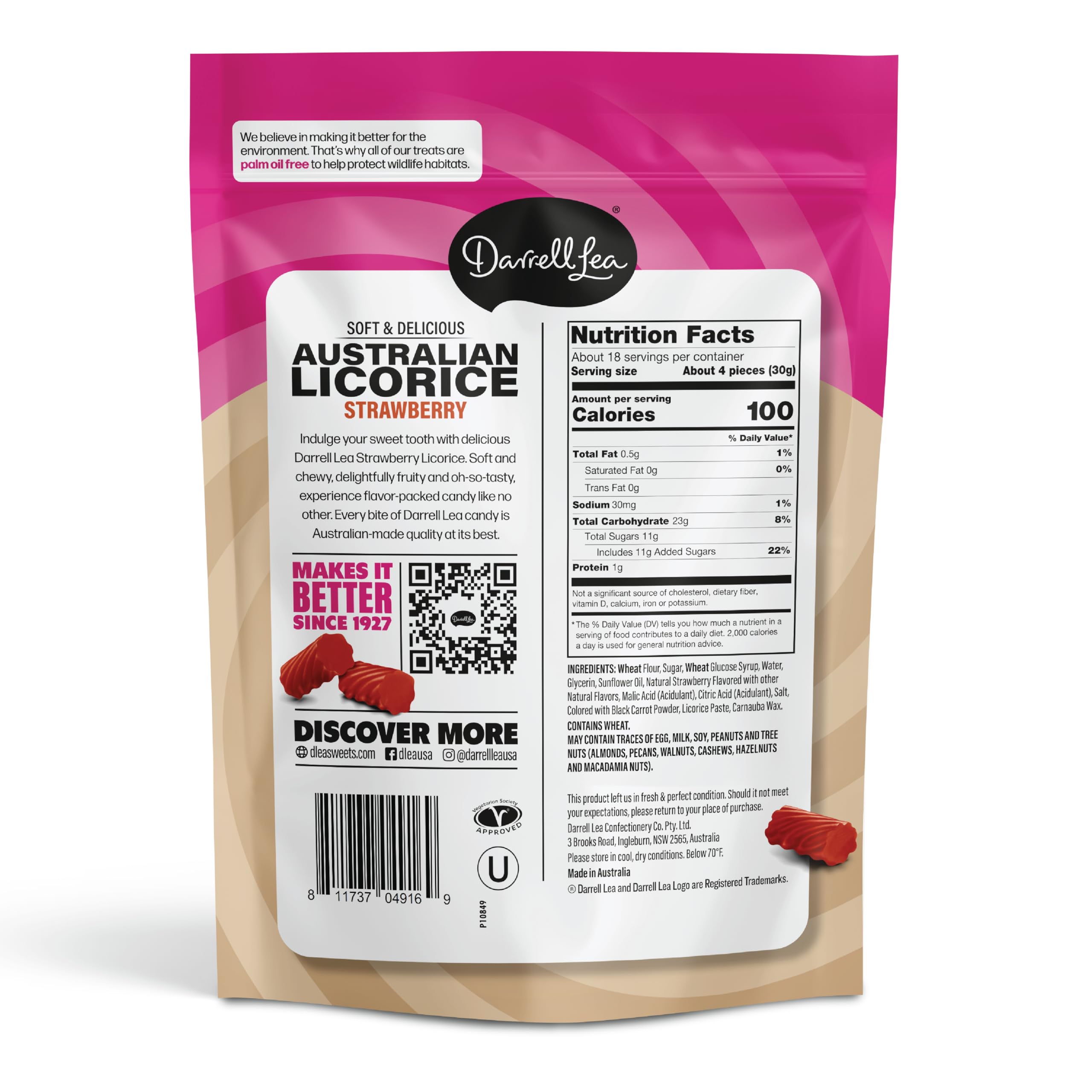 Condition photo showing Brand New for darrell lea family size soft australian licorice, non-gmo, no palm oil, vegetarian friendly, no high fructose corn syrup, soft & chewy licorice candy, made in australia (strawberry, 20 ounce) bb june 2025
