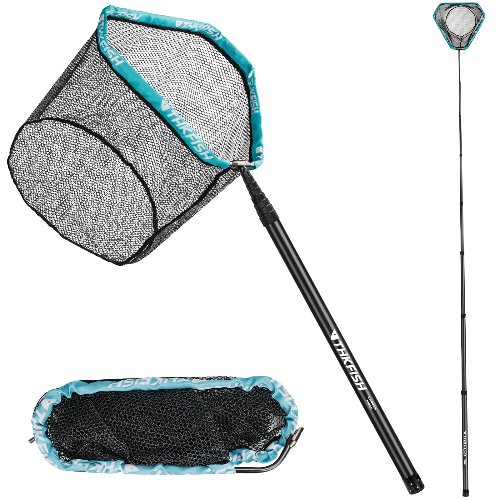 THKFISH 210-400CM Gummierter Kescher, Setzkescher, Carbonfaser Fishing Kescher mit Langem Griff, Teleskop Angelkescher, Aluminiumrahmen Kescher Angeln Gummiert, Fischkescher, Unterfangkescher