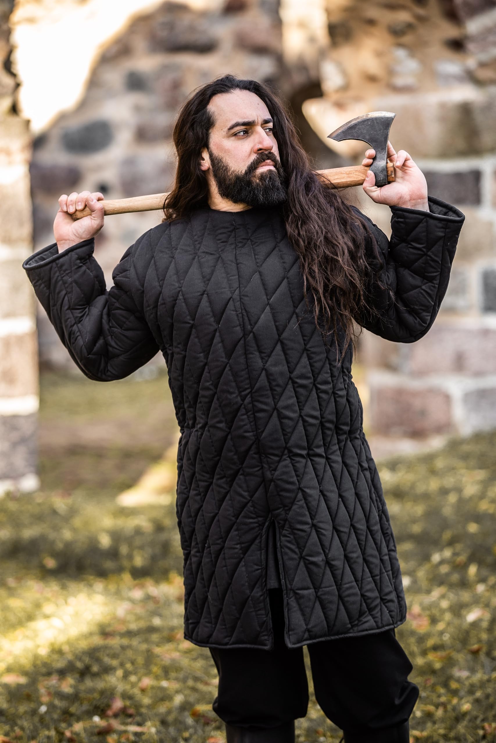 Leonardo Carbone® Klassischer Mittelalter Gambeson Nils - Mittelalter Kleidung Herren, Kostüm Accessoires, Gambeson-Mantel volle Ärmel, Theater-Kostüm, LARP, Cosplay - 100% Baumwolle Schwarz M