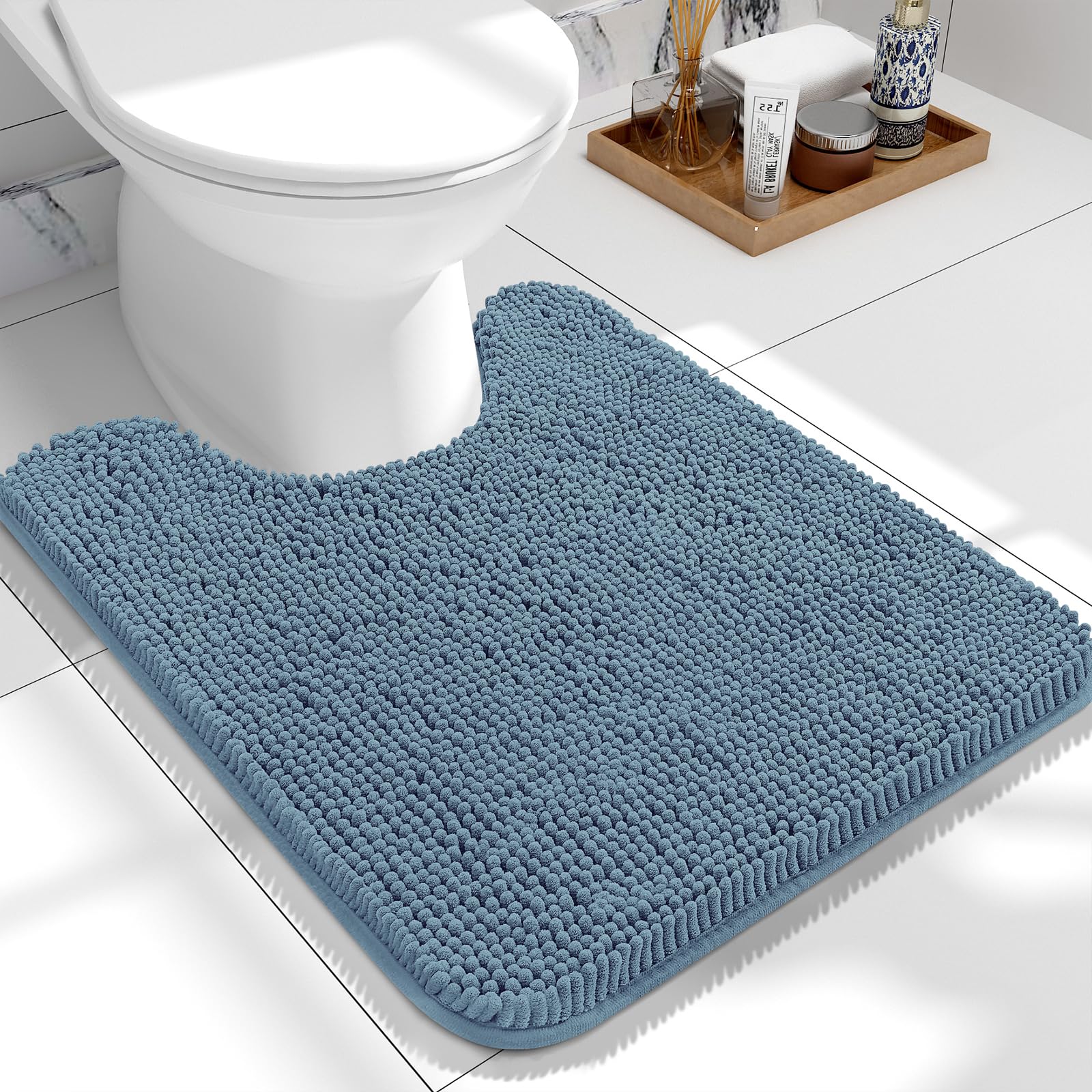 OLANLY Toilet Rugs U-Shaped 24x20, Extra Soft Absorbent Chenille Contour Bathroom Rugs for Toilet, Dry Quickly, Machine Washable, Non-Slip Bath Mat, Airy Blue
