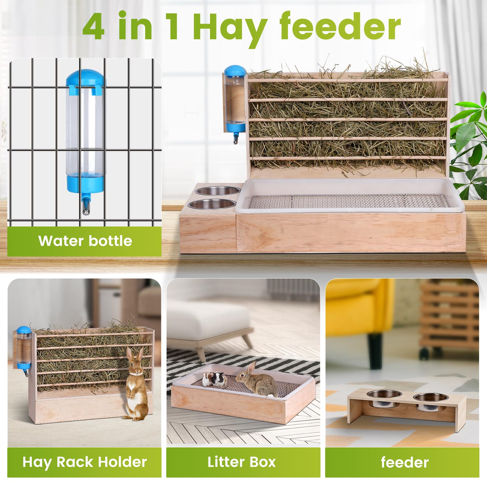 4 in 1 Groß Heuraufe Kaninchen Holz Futterspender Heu Kaninchen mit Katzentoilette Wasserflasche Futternäpfe für Hamster Hölzerner Hasenfutterautomat Heuhaltergestell für kleine Haustiere