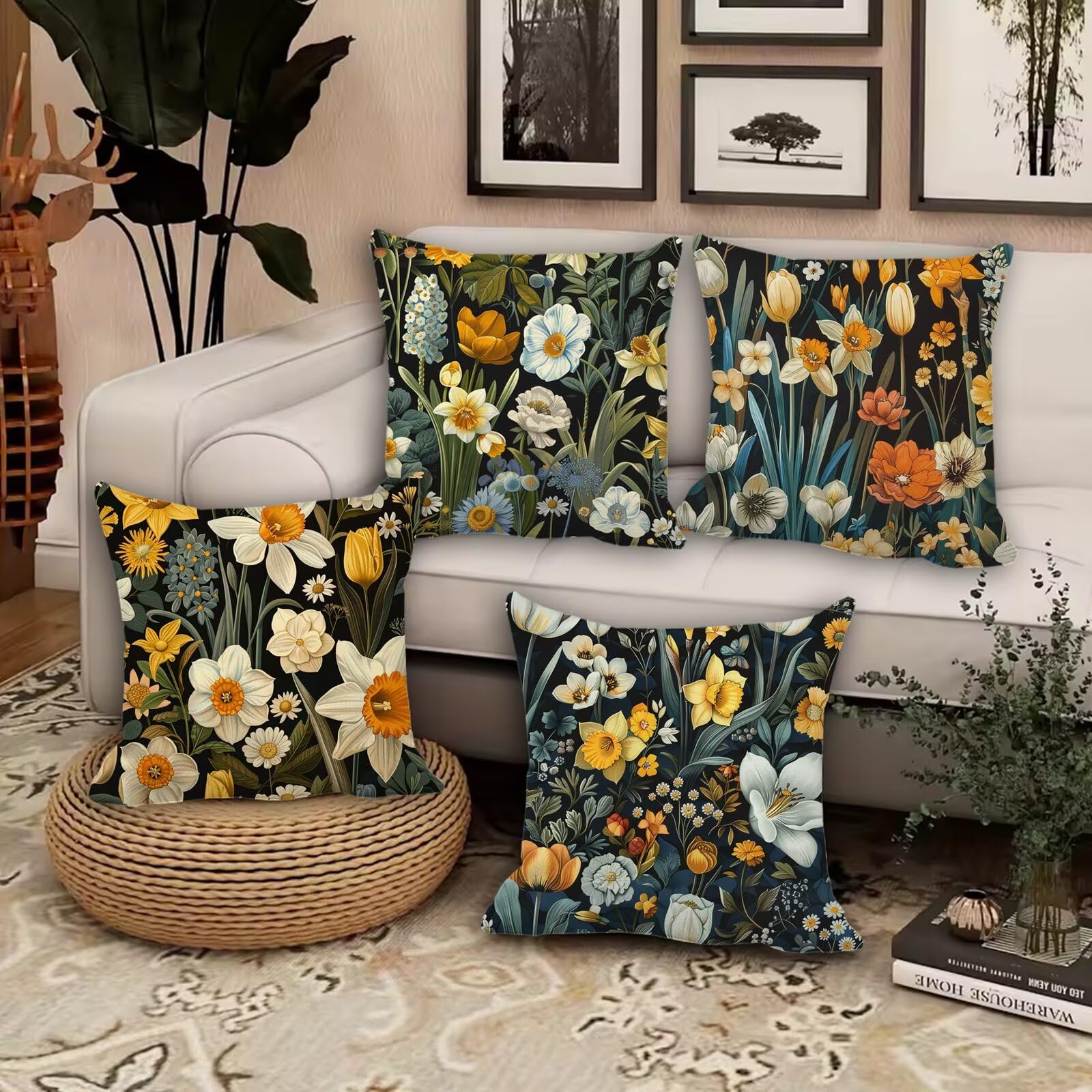 Juego de 4 cojines impermeables para jardín y exteriores, 40 x 40 pulgadas, fundas de almohada florales de doble cara, cojines decorativos para patio y sala de estar para comodidad de verano