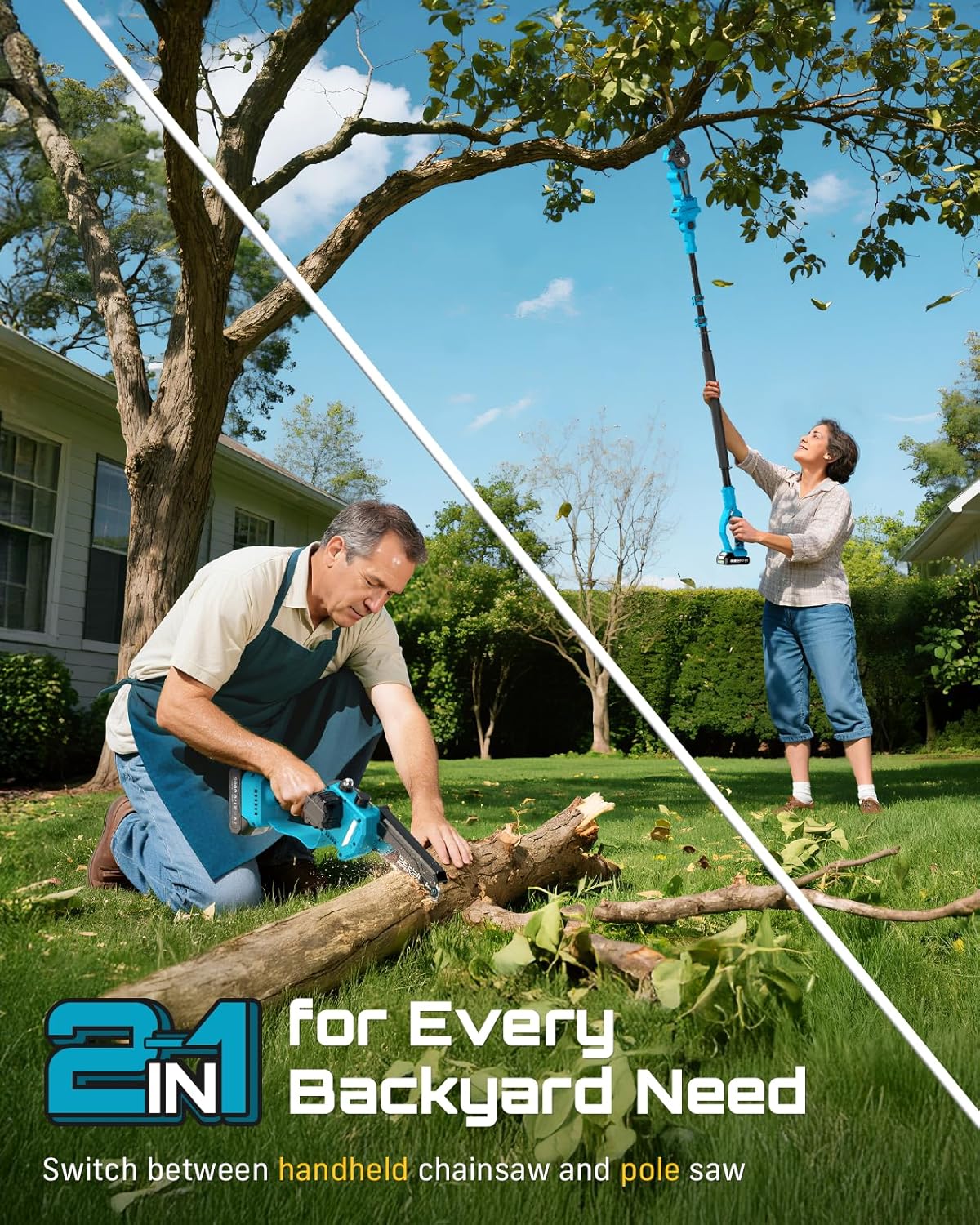 SEESII 2-in-1 Electric Pole Saws for Tree Trimming, 6 Inch Mini Chainsaw Cordless with Extension Pole, Battery Powered Pole Chain Saw, Tree Trimmer Limb Branch Cutter Pruner with 2 Battery PS600 - Image 2