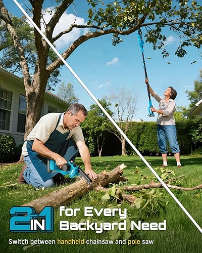 Miniatura 2 de SEESII Sierras de poste eléctricas 2 en 1 para recortar árboles, mini motosierra inalámbrica de 6 pulgadas con poste de extensión, sierra de cadena