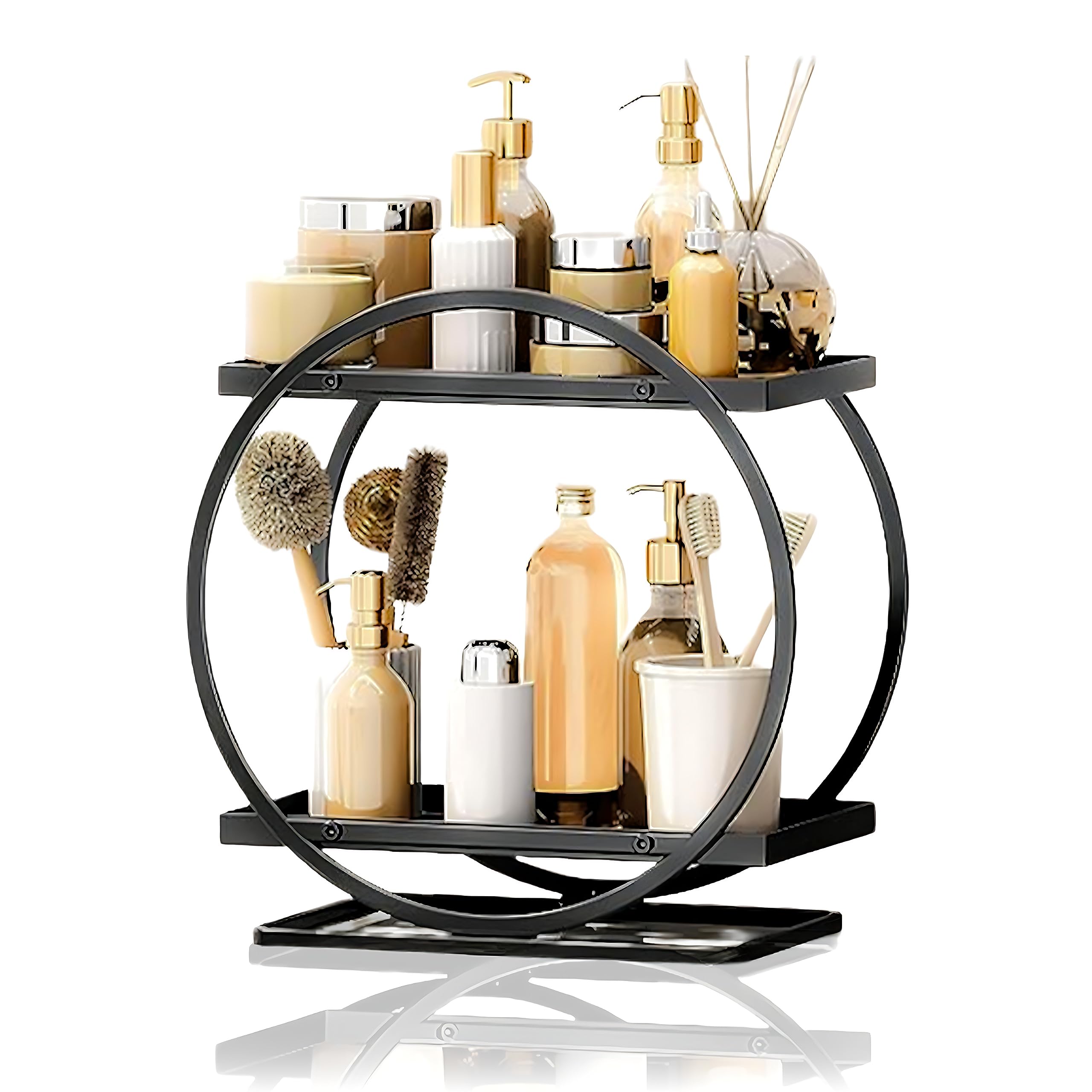 2-Tier Round Black Gold Perfume and Makeup Organizer - Bathroom Countertop Storage, Vanity Cosmetic Display, Corner Stand