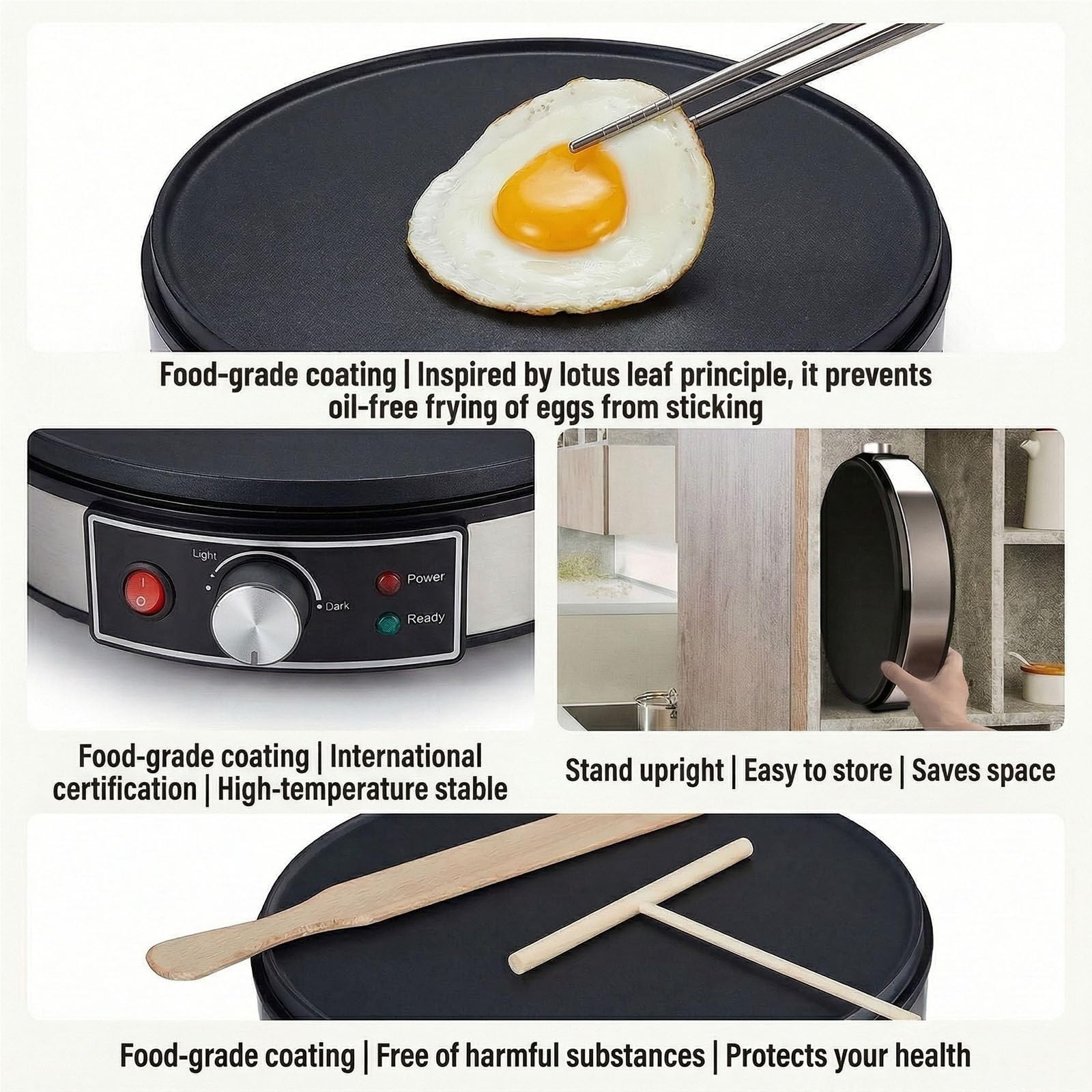 Piastra per Crepes Elettrica 30cm con Controllo Temperatura Regolabile Spatola in Legno per Crepes Pancake Uova Tortilla e Griglia Macchina per Pancake Antiaderente per Uso Domestico