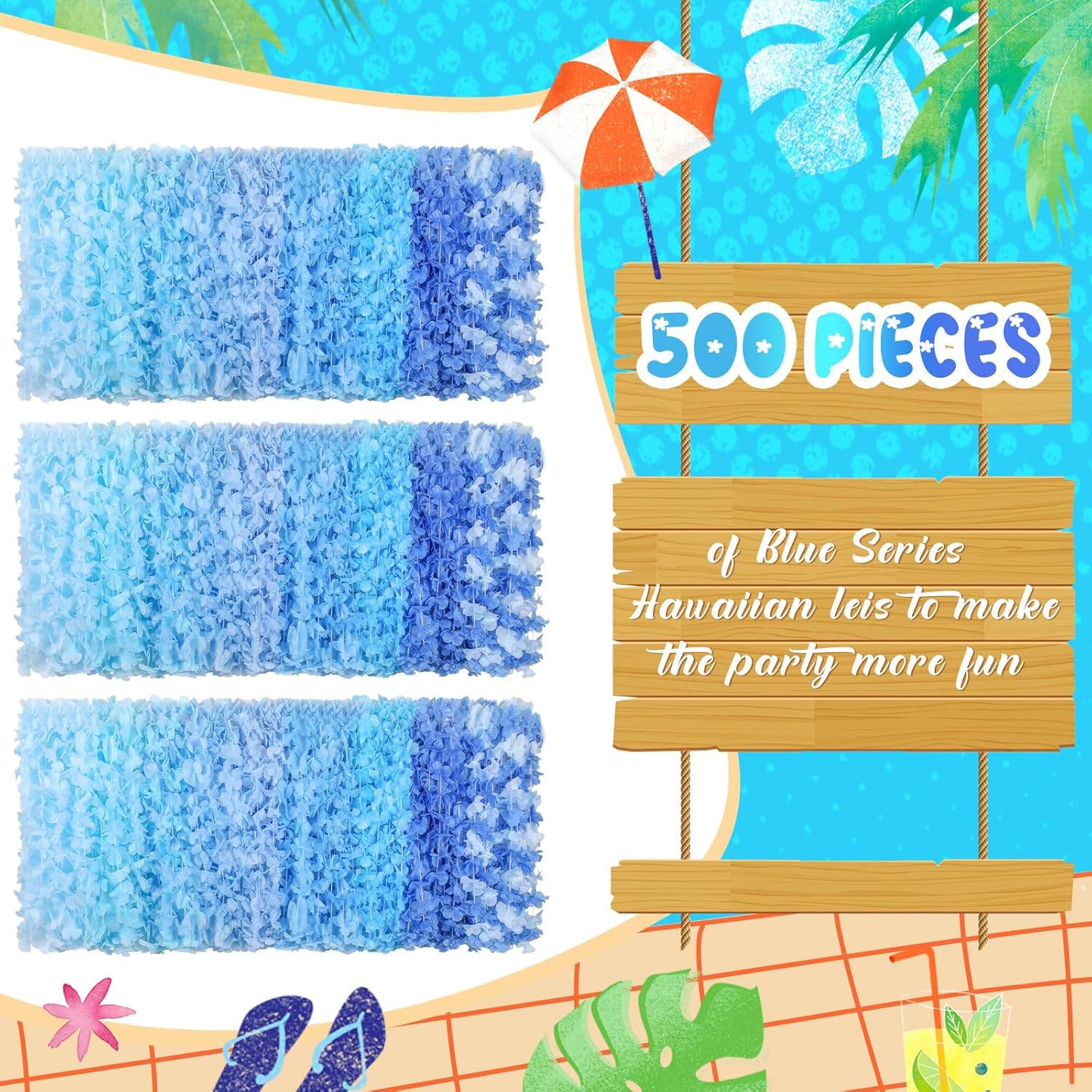500 Pcs Hawaiian Leis Bulk Luau Leis Necklace Hawaiian Flower Tropical Floral Necklace for Adults Luau Holiday Wedding Beach Birthday Party Supplies Decor Multi Color(Blue)