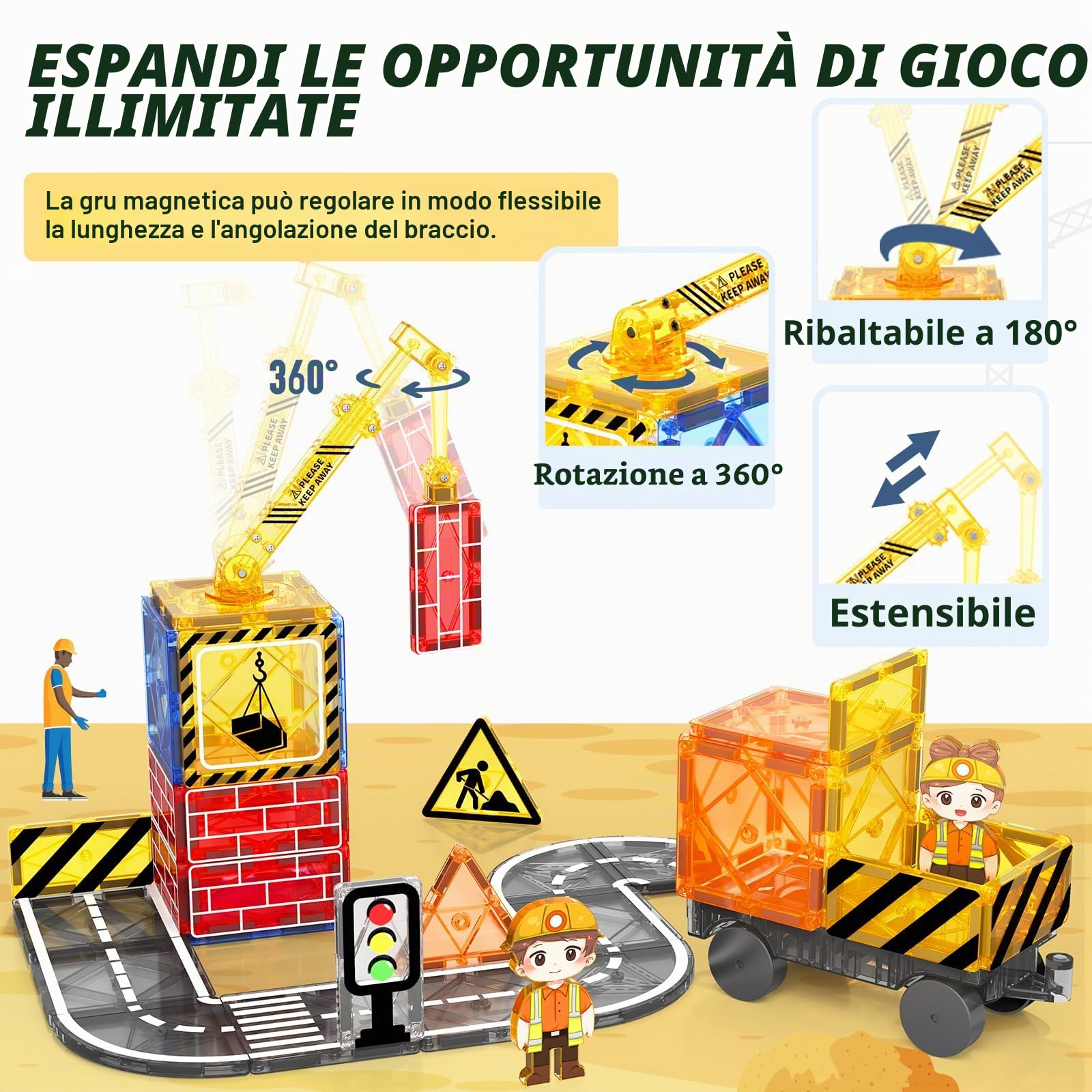 Set di Piastrelle Magnetiche con Gru Estensibile per Bambini STEM età Prescolare 4-6 5-7, Giocattoli per Costruzione di Città, Regali dai 3 Anni in Su