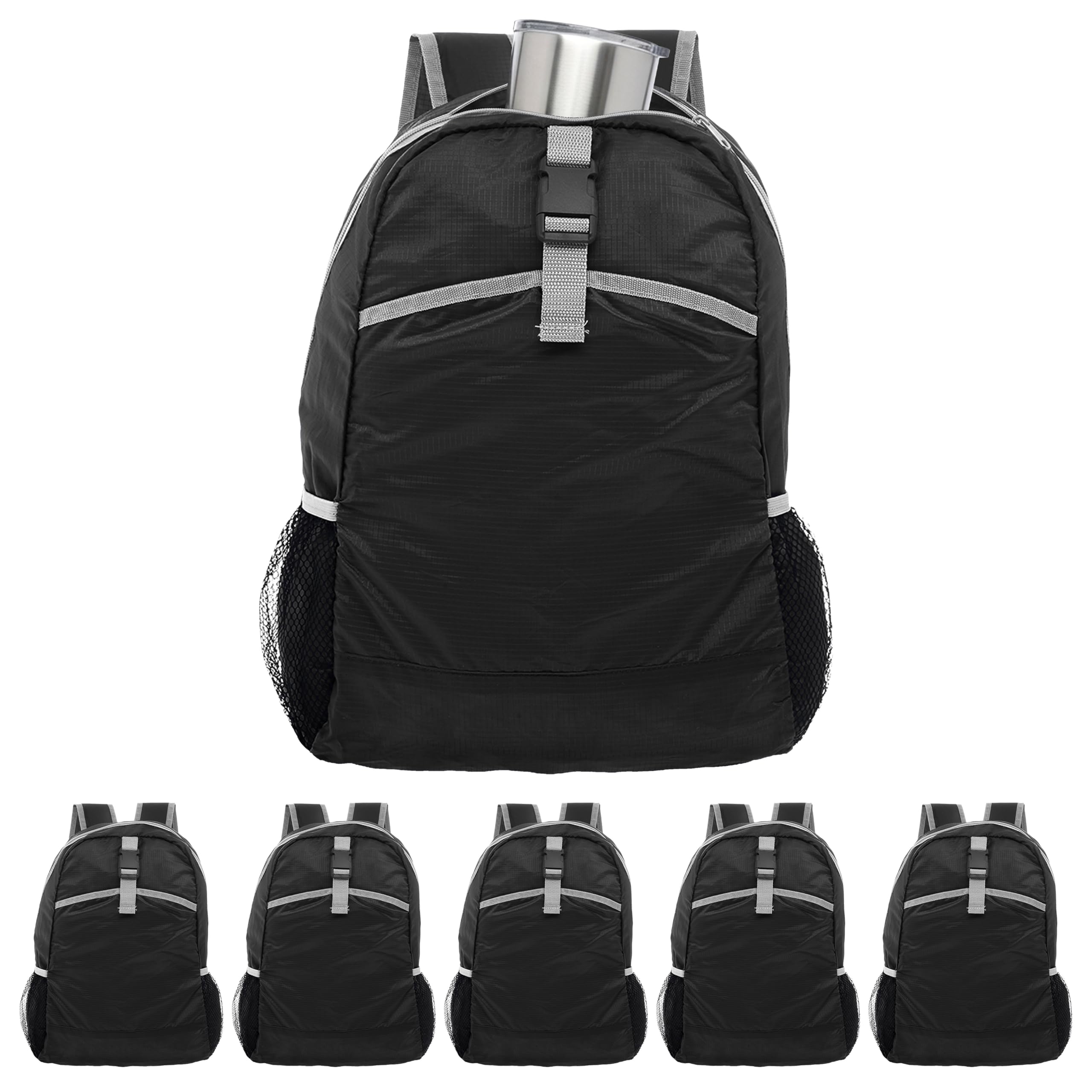 DISCOUNT PROMOS Lightweight Travel Packable Backpacks Set of 6, Bulk Pack - Perfect for Camping, Outdoor Sports - Black