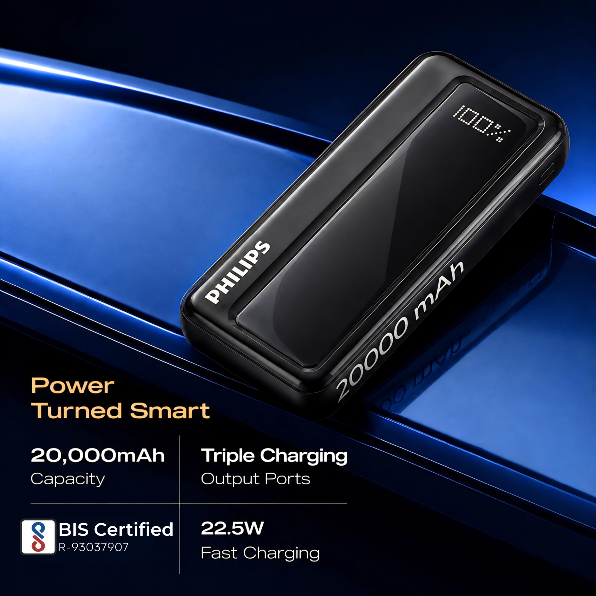 Philips 20000mAh 22.5W Fast Charging Power Bank (Slate Black) with Digital LED Display | Type-C & USB-A Input/Output | 3 Output Ports | Lithium Polymer | Portable for Mobile, Tablet & Earbuds — Amazon image 2