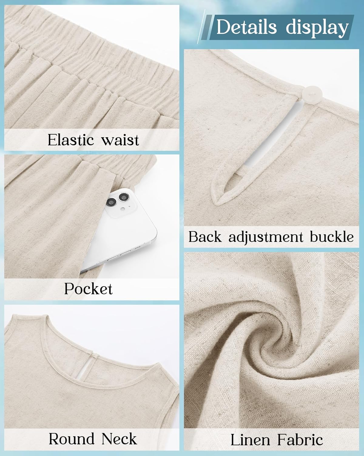Ficerd Women 2 Piece Summer Outfits Linen beach Set Round Neck Sleeveless Crop Tank Tops Elastic High Waist Cropped Pants - Image 4