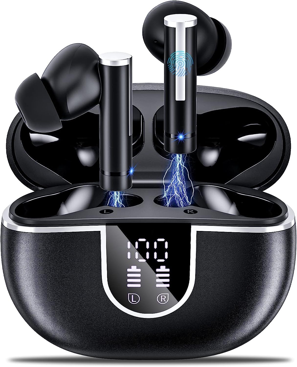 Wireless Earbuds Bluetooth Headphones 5.3, 50H Playtime Bluetooth Earbuds Built in Noise Cancellation Mic with LED Digital Display Charging Case, IPX7 Waterproof Ear Buds for iPhone Android (Black)