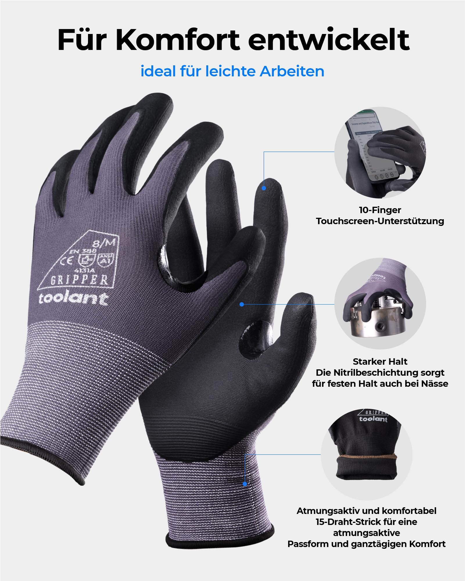 toolant Nitril-Arbeitshandschuhe mit MicroFoam-Beschichtung, atmungsaktives Nylon, rutschfester Griff, touchscreenfähig, ideal für Garten, Lager & Automobil, Grau (L, 12 Paar)