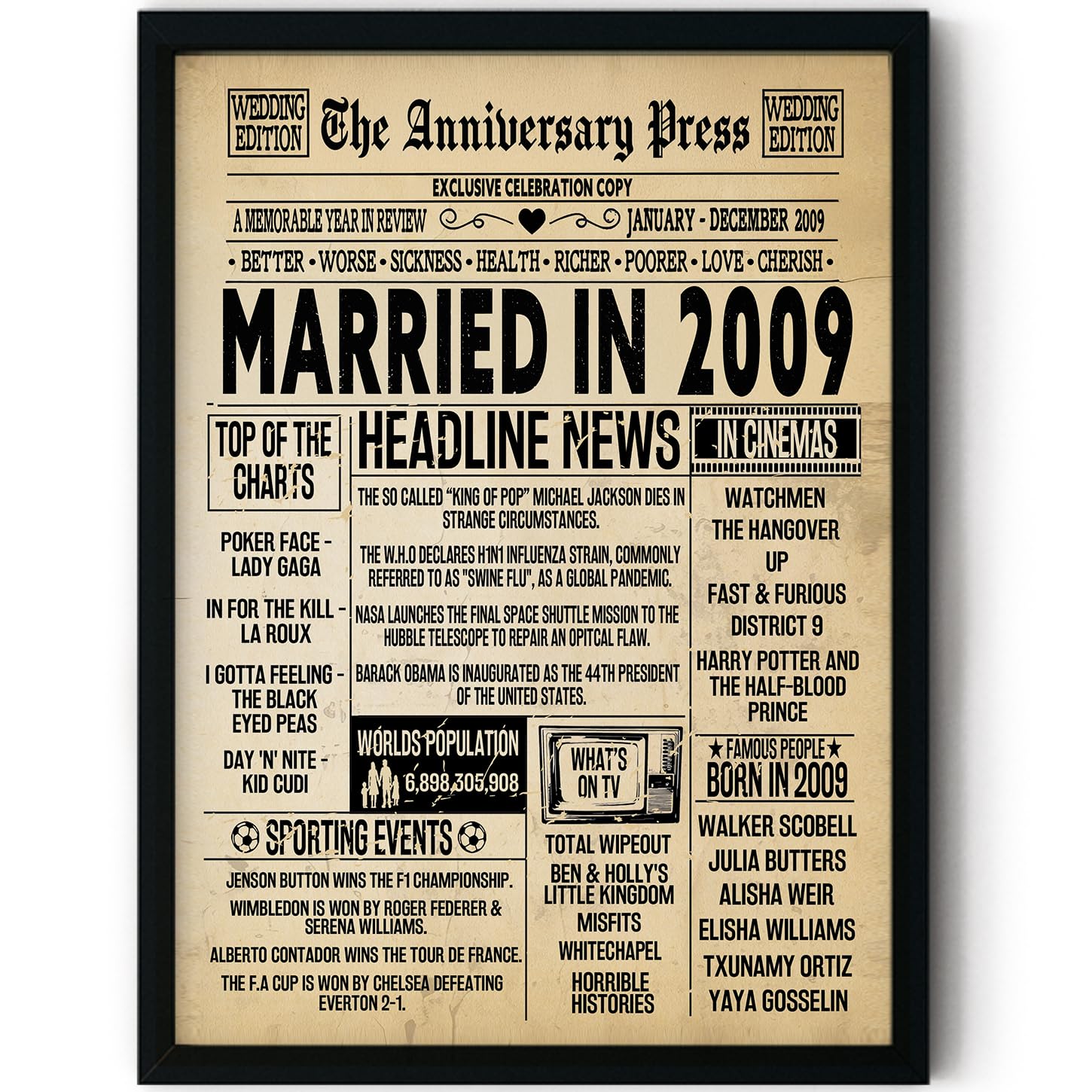 Stuff4 Men's 2009 17Th Anniversary Poster Framed - Married In Newspaper - 17 Wedding Anniversary For Wo Retro Vintage Gifts Back In 8X10 Inch Anniversaries Posters