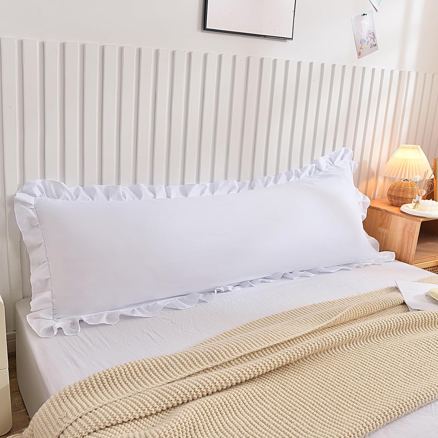 Nanko Body Pillow Case Cover 1 Pack 20x54, White Ruffled Boho Soft Shabby Chic Microfiber Extra Long Decorative Pillow Covers/Pillow Shams, Comfortable Body Pillowcase for Women Men