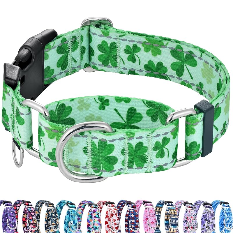 Coleira Martingale refletiva para cães Fidohug, estampa Shamrock, com fivela de engate rápido, tamanho Medium