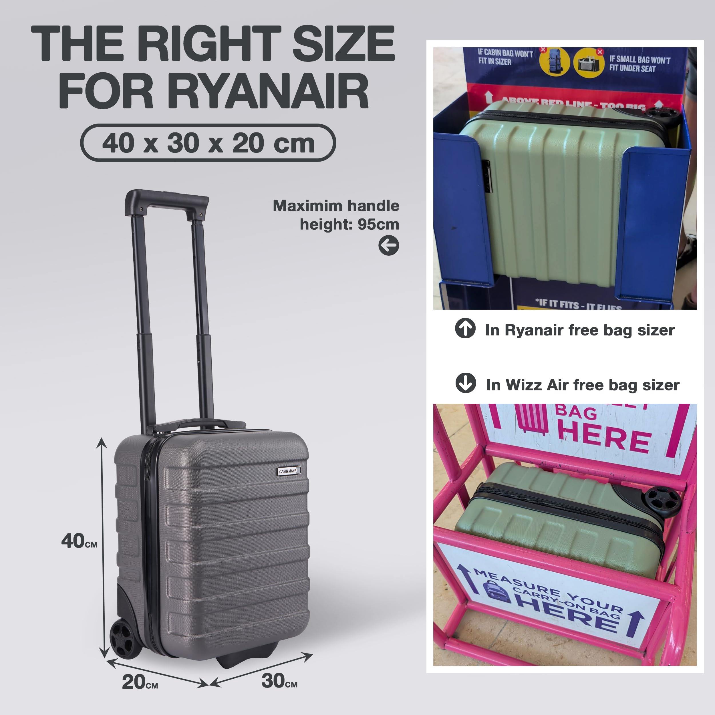 Cabin Max Anode - 40x30x20cm Maleta de Mano para Equipaje. Ligera, Carcasa Dura, 2 Ruedas, (40 x 30 x 20cm, 2 Ruedas, Gris) — view 3